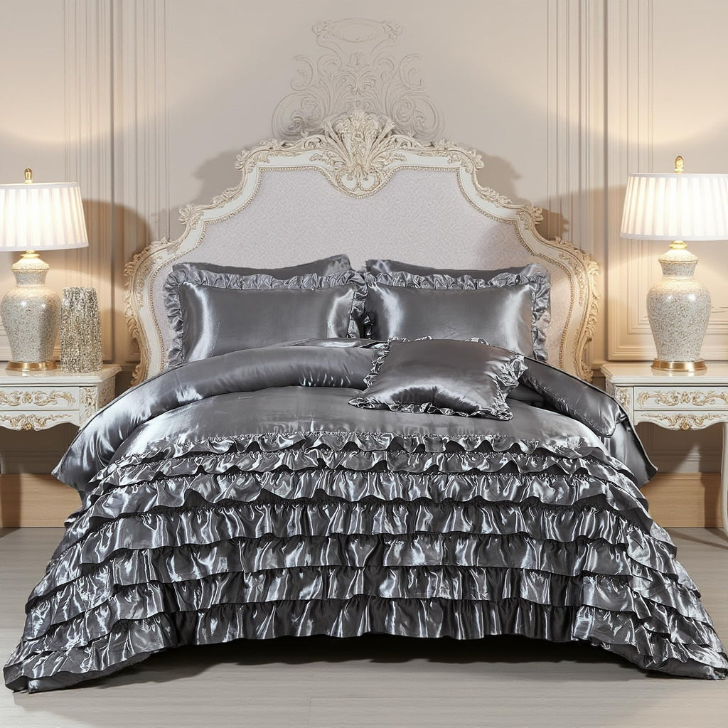 Ruffle Comforter Set 8 Pieces Satin Comforter Set with Sheet Set - Waterfall Ruffle Design Luxurious Silky Comforter Set