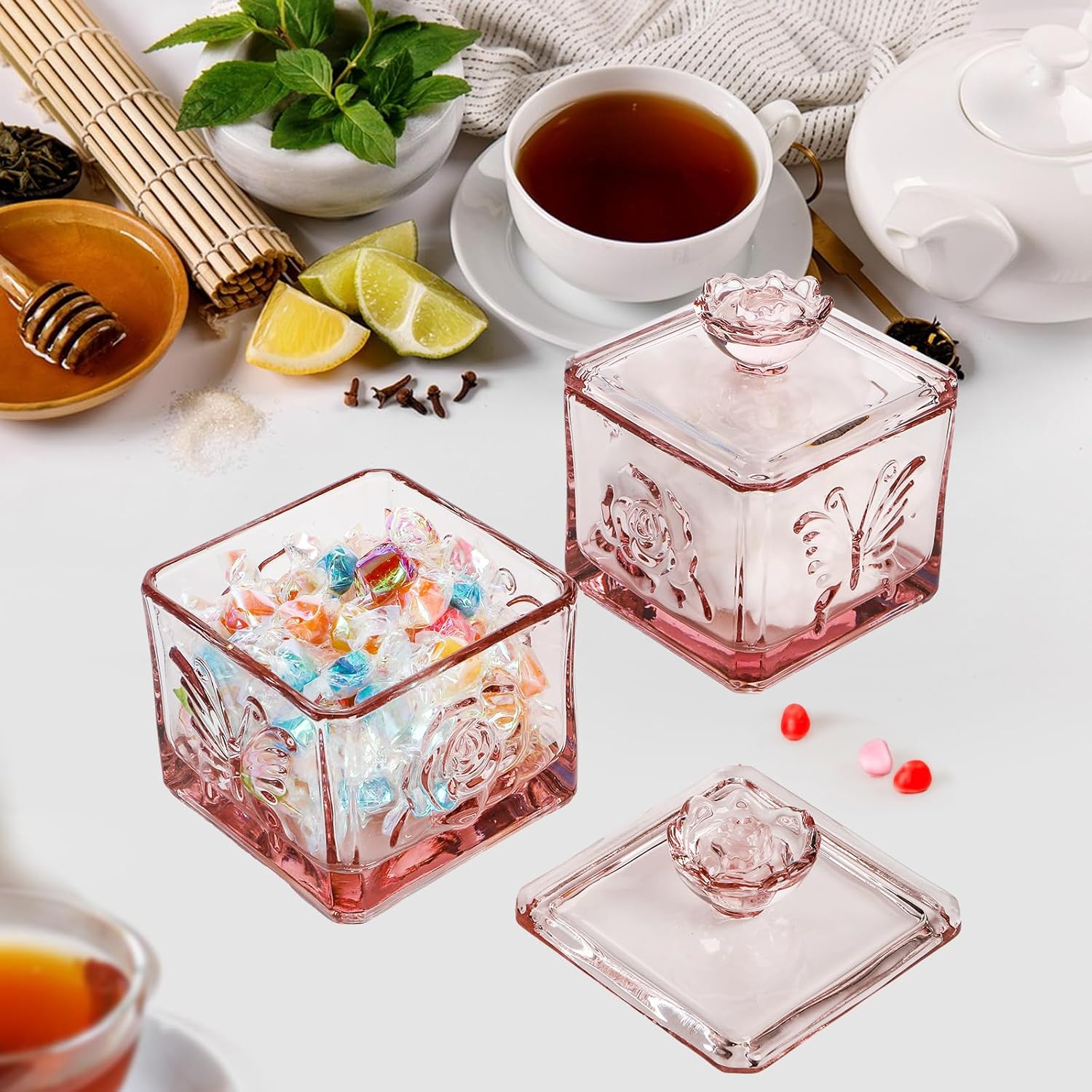 Glass Dish Embossed Butterfly Flower Clear Jar with Lid, 15 OZ Decorative Vintage Jewelry Storage Trinket Box