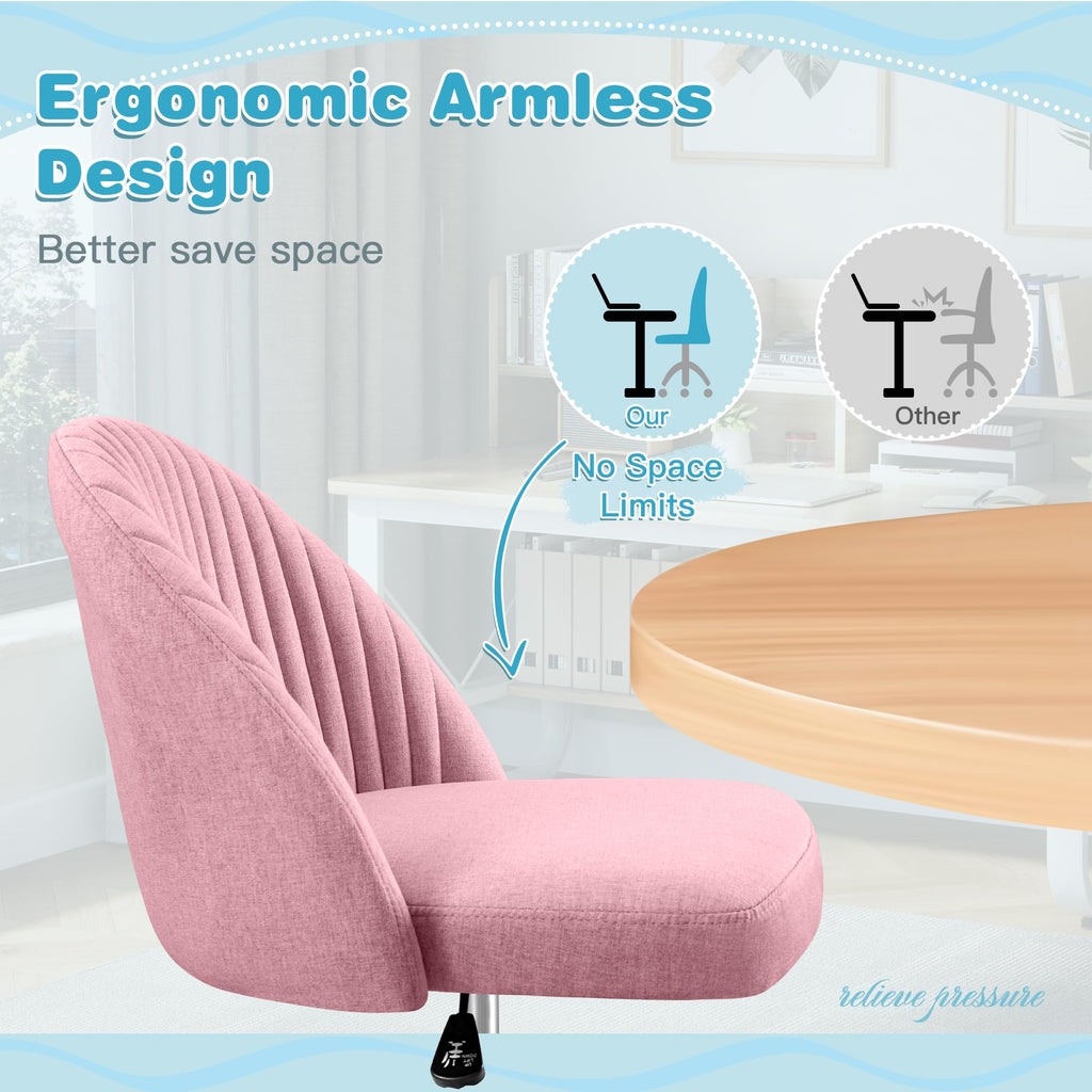 Modern Armless Cute Adjustable Swivel Padded Fabric Vanity Chair with Wheels