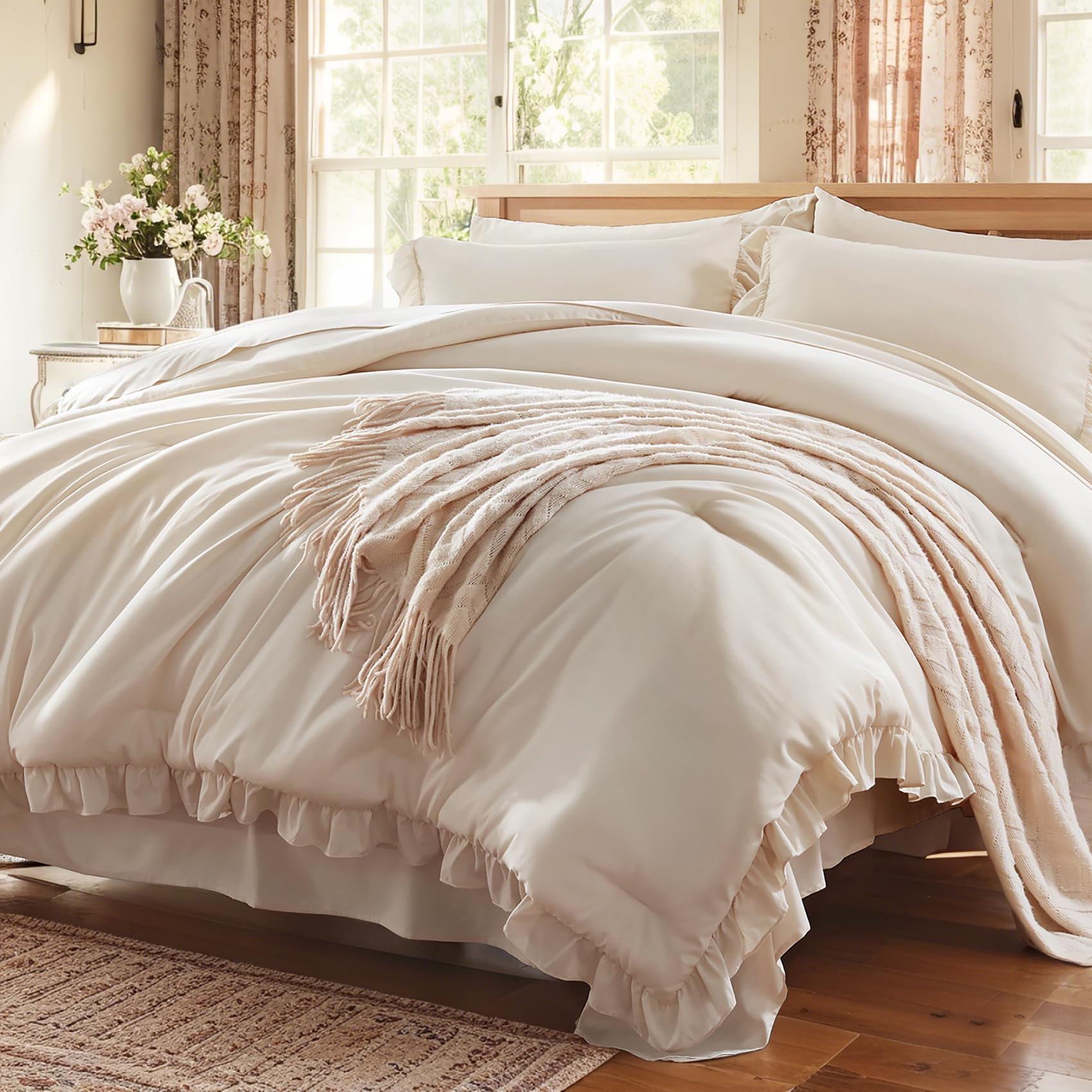 Comforter Set 7 Piece, Bed in a Bag with Sheets, All Season Ruffle Shabby Chic Bedding Sets with 1 Comforter, 2 Pillow Shams, 2 Pillowcases, 1 Flat Sheet, 1 Fitted Sheet