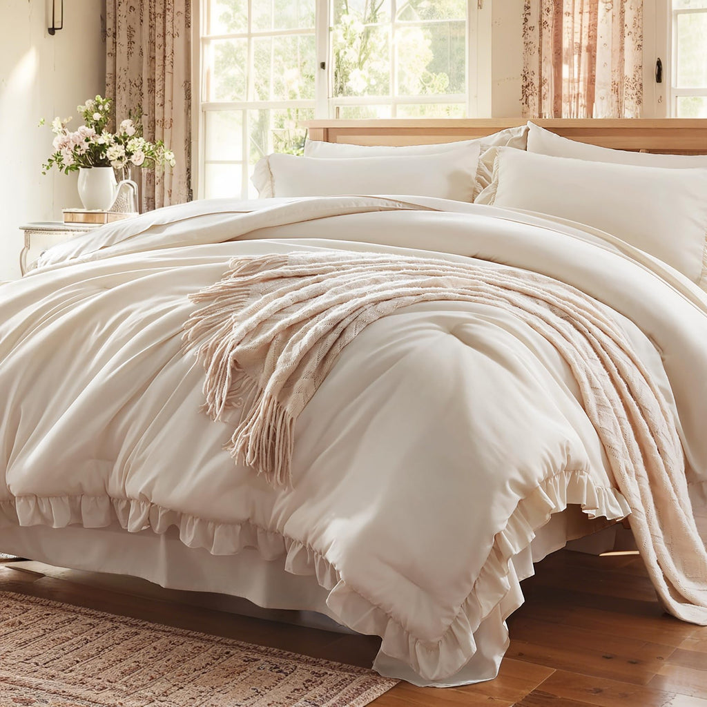 Comforter Set 7 Piece, Bed in a Bag with Sheets, All Season Ruffle Shabby Chic Bedding Sets with 1 Comforter, 2 Pillow Shams, 2 Pillowcases, 1 Flat Sheet, 1 Fitted Sheet