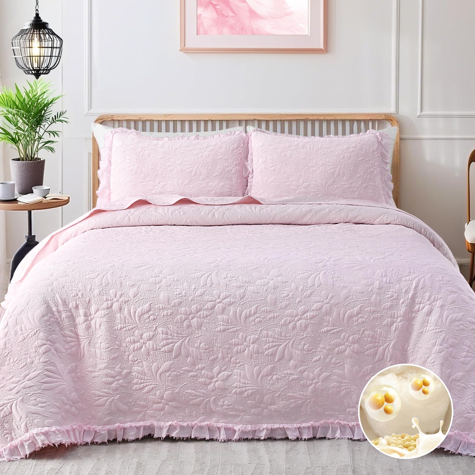 Ruffled Floral Quilts Soybean Fiber Filling Bedding Set 3 Piece, Stone-Washed Microfiber Shabby Chic Lightweight Soft Bedspread