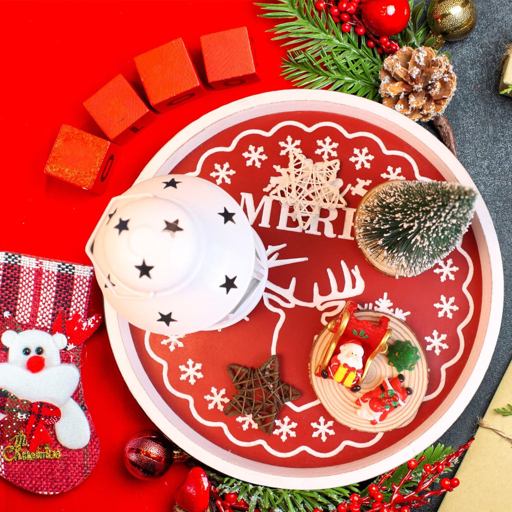 Round Wood Decorative Ottoman Tray for Coffee Table Kitchen Counter, Living Room, Handcrafted Wooden Serving Tray for Table Centerpiece