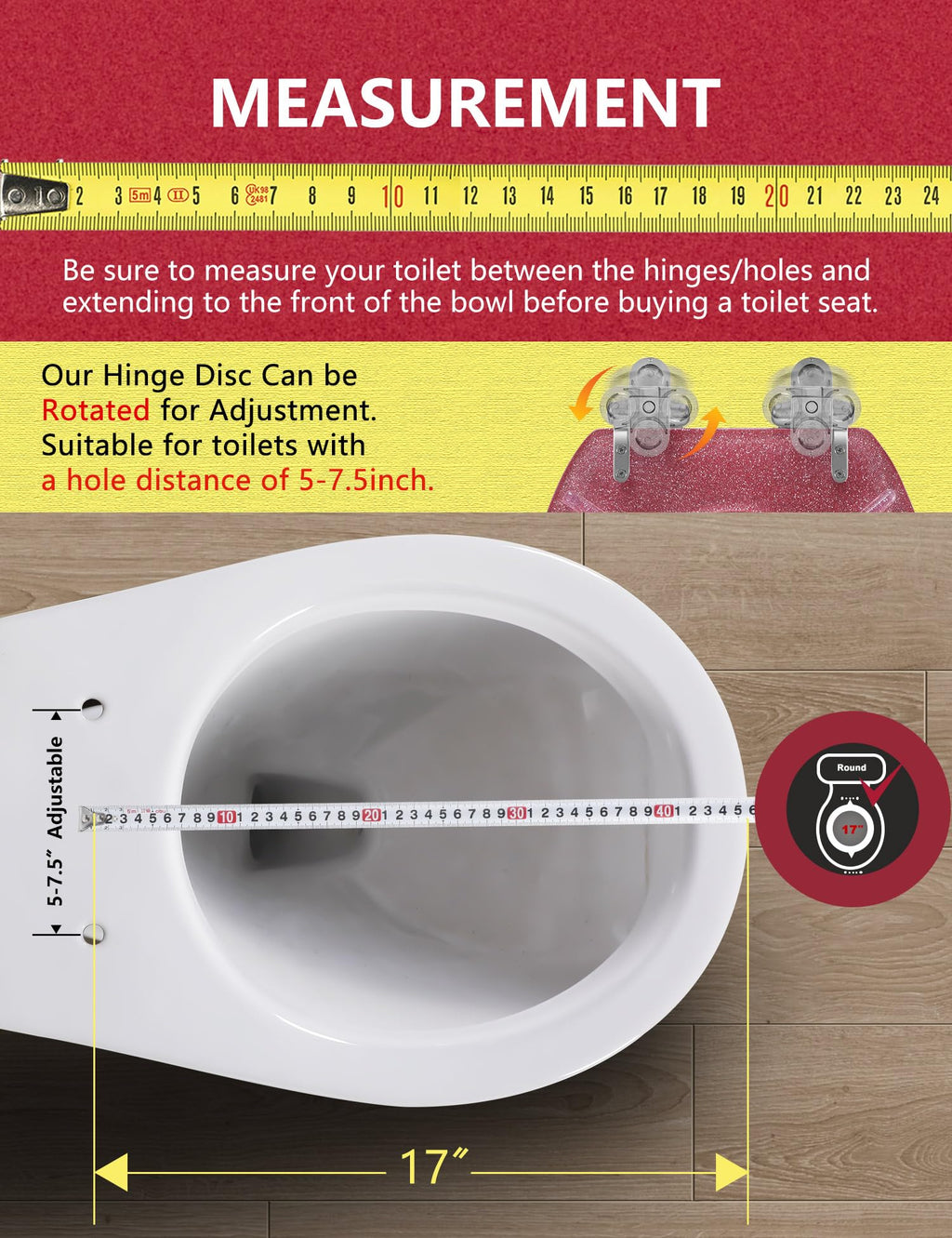 Round Resin Toilet Seat Glitter Soft Close Quick Release Metal Zinc Alloy Hinge Easy to Install also Easy to Clean, Decorative Acrylic Seats (17 Inch)