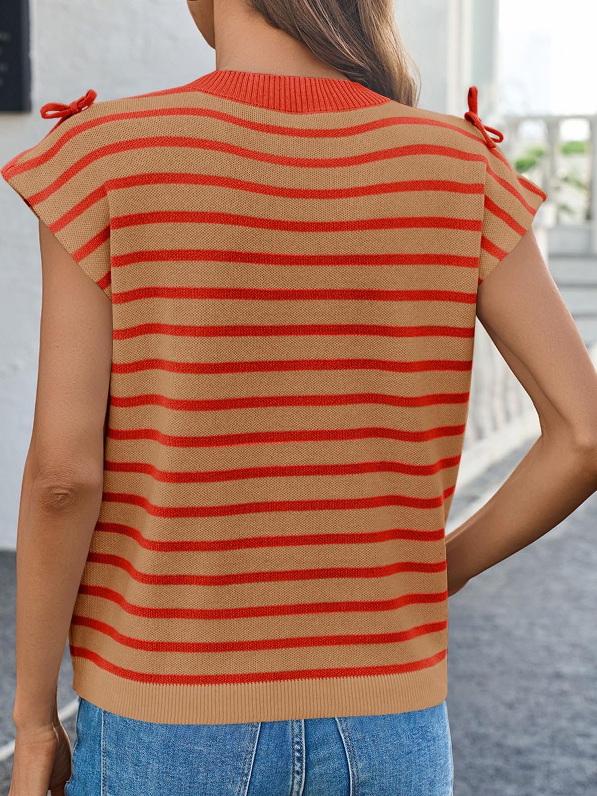 Womens Striped Bow Top Cap Sleeve Summer Cute Crewneck Going Out Lightweight Knit Sweater Vest Tops