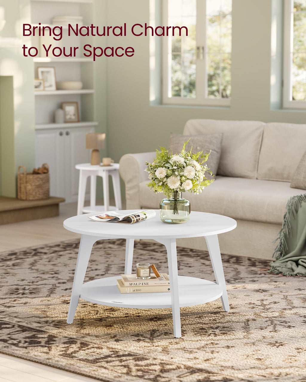 Round Coffee Table, 2 Tier Coffee Table with Storage, for Living Room, 31.5 x 17.7 Inches, Easy to Assemble