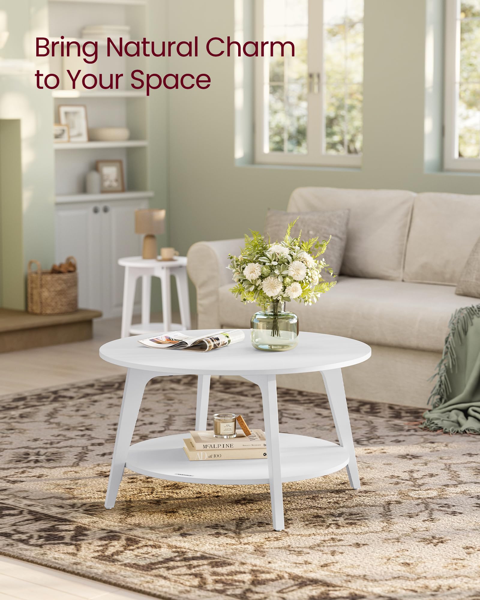 Round Coffee Table, 2 Tier Coffee Table with Storage, for Living Room, 31.5 x 17.7 Inches, Easy to Assemble