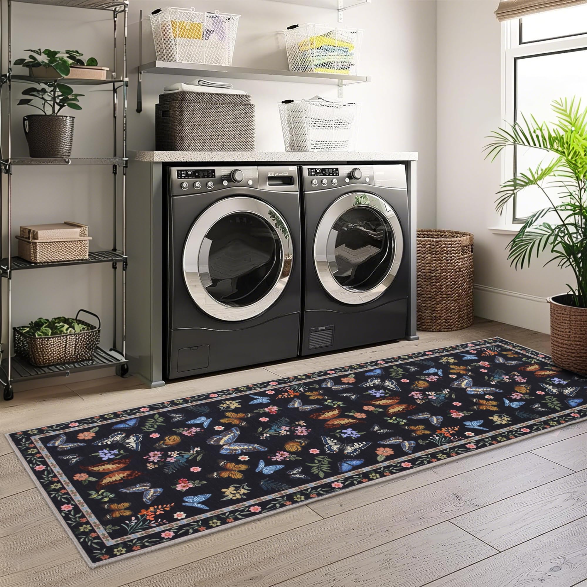 Insect Floral Area Rug, Machine Washable Area Rug Non-Slip Low Pile Large Bedroom Rug Stain Resistant Throw Rug Carpet