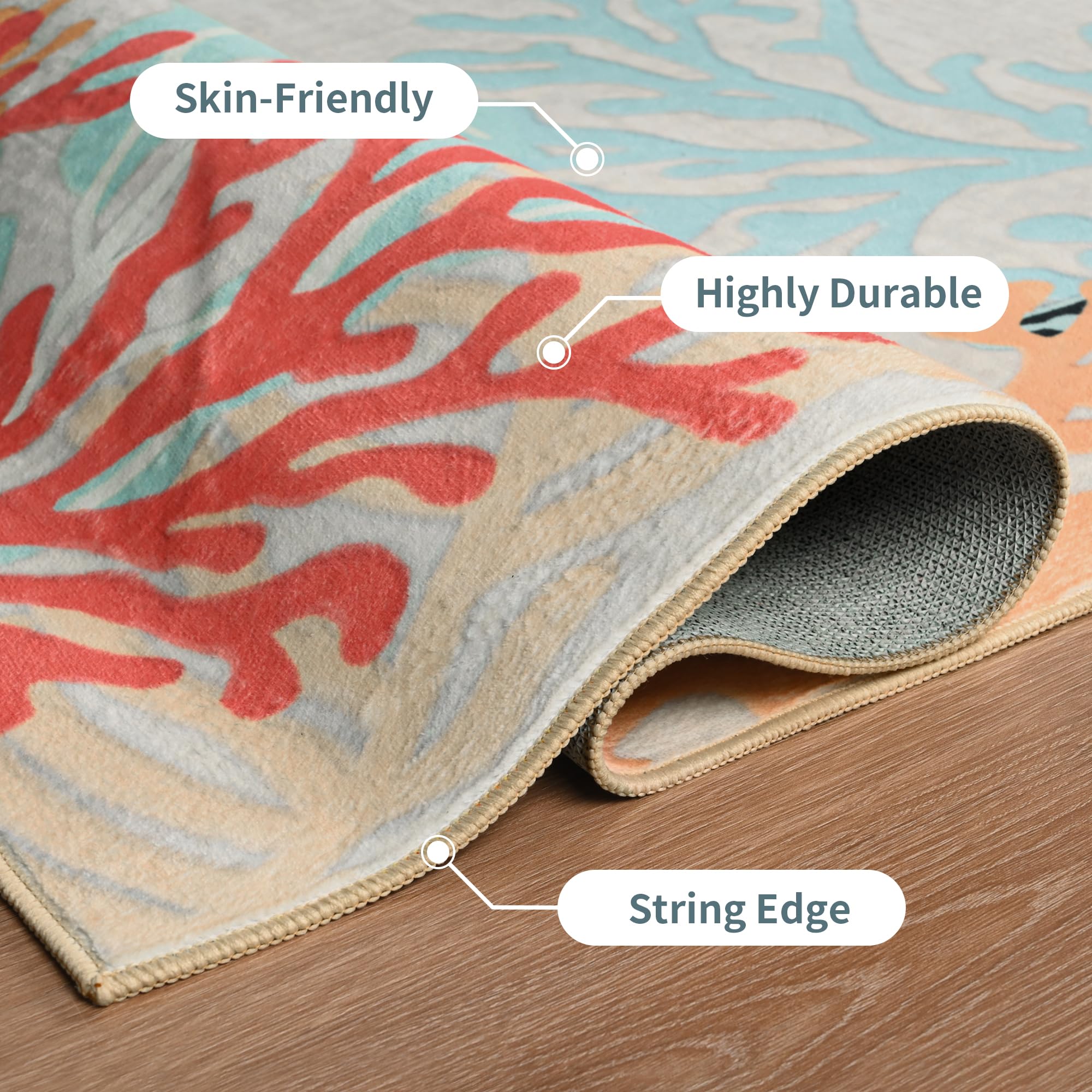 Faux Wool Boho Floral Area Rug Abstract Print Soft Carpet, TPR Non-Slip Backing, Machine Washable Low Pile Rug