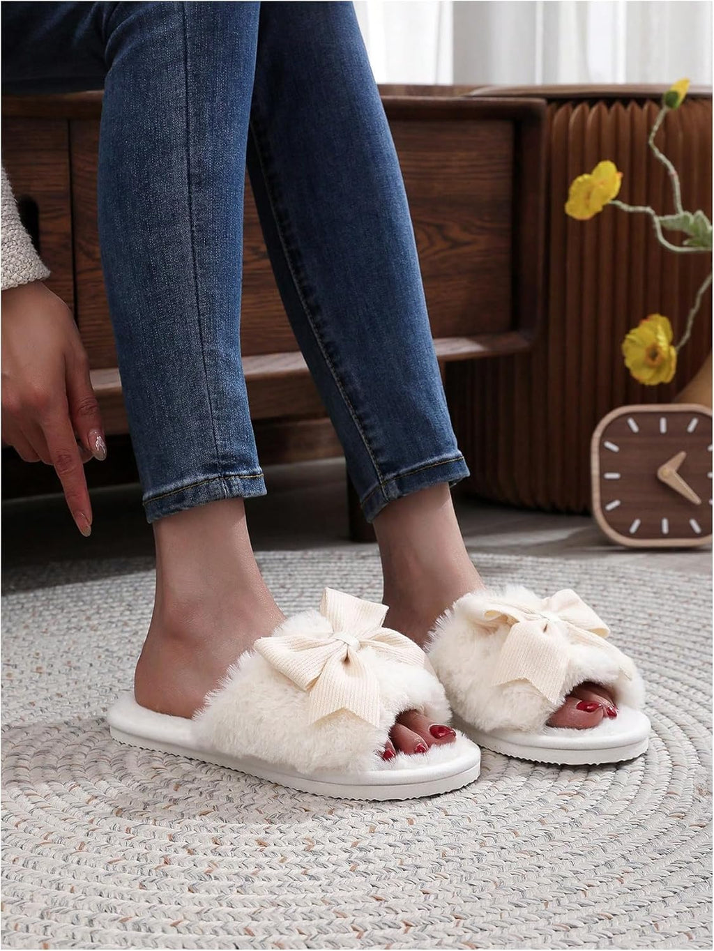 Women's Cute Bow Decor Fuzzy Open Toe Indoor Home Slippers Fashionable Warm Comfy Furry Outdoor Slippers