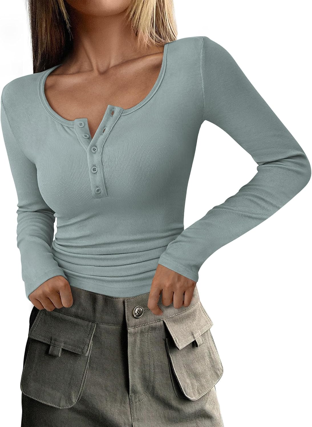 Women's Long Sleeve T Shirts Button Ribbed Knit Slim Fit Basic Tops Blouse