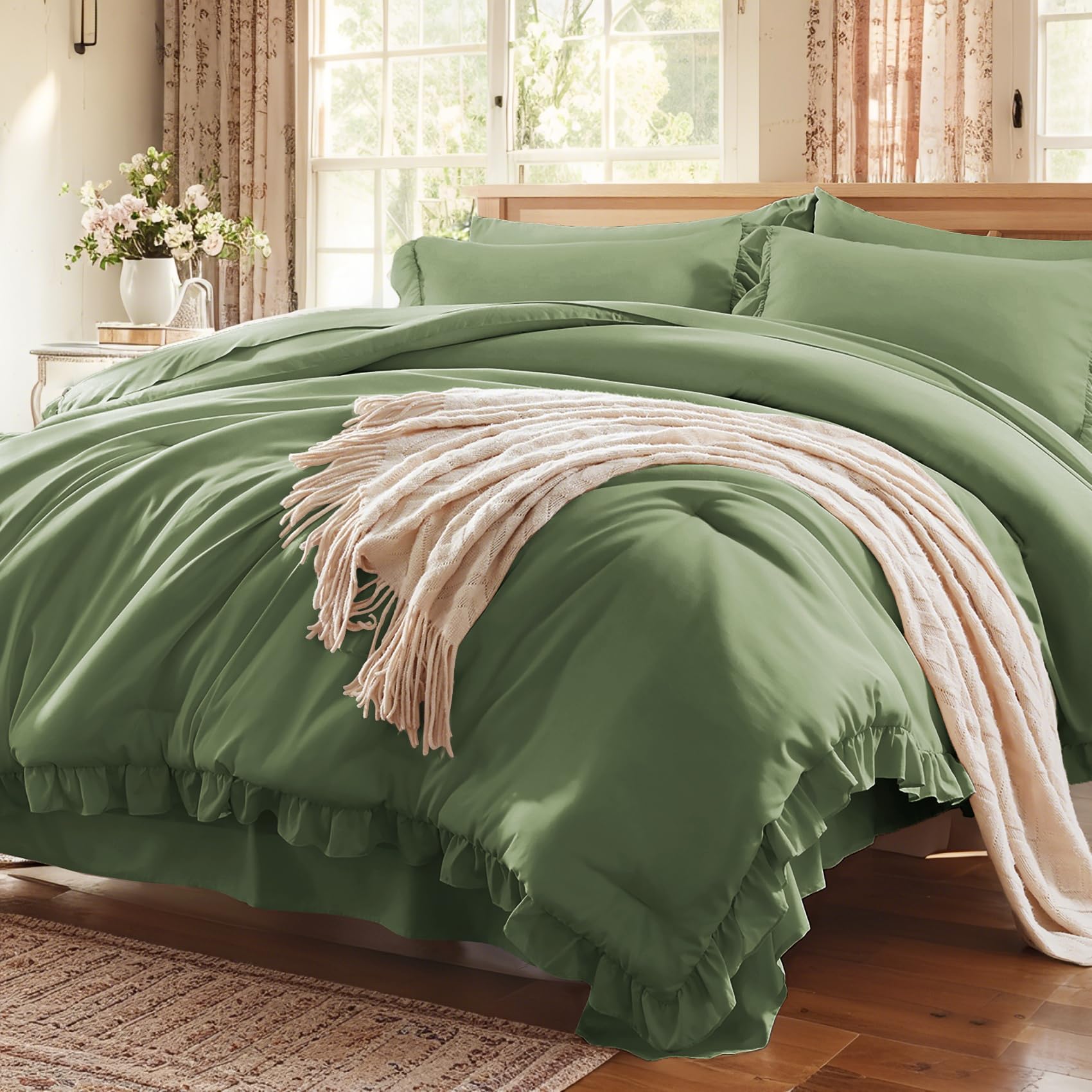Comforter Set 7 Piece, Bed in a Bag with Sheets, All Season Ruffle Shabby Chic Bedding Sets with 1 Comforter, 2 Pillow Shams, 2 Pillowcases, 1 Flat Sheet, 1 Fitted Sheet