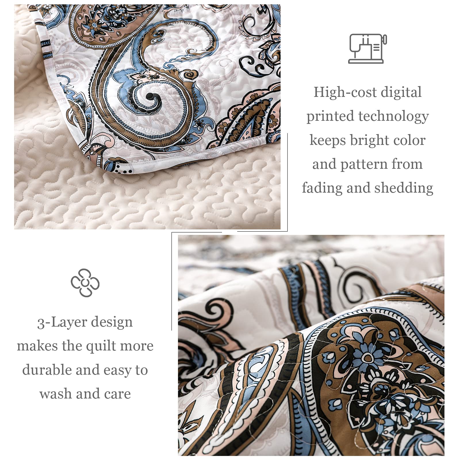 Reversible Patchwork Quilts Full Size, Lightweight Boho Printed Bedspreads Coverlets Quilt Bedding Set with 2 Pillow Shams