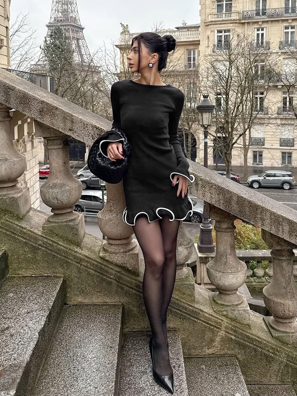 Womens Ruffle Long Sleeve Mini Bodycon Boat Neck Ribbed Knit Sweater Dress