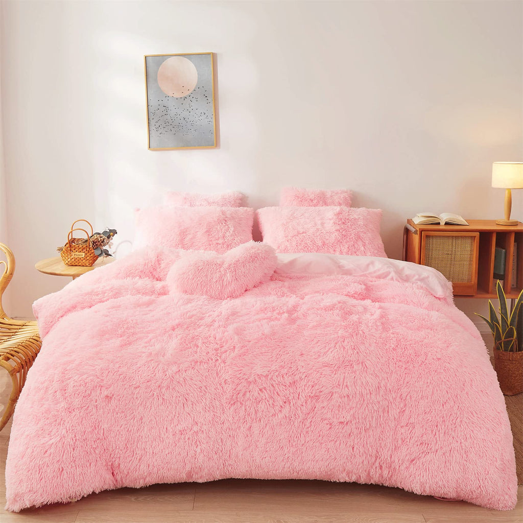 Fluffy Faux Fur Comforter Cover Set Queen - Ultra Soft Plush Bedding Sets 3 Pieces (1 Fluffy Duvet Cover + 2 Faux Fur Pillow case) Cute Bed Set