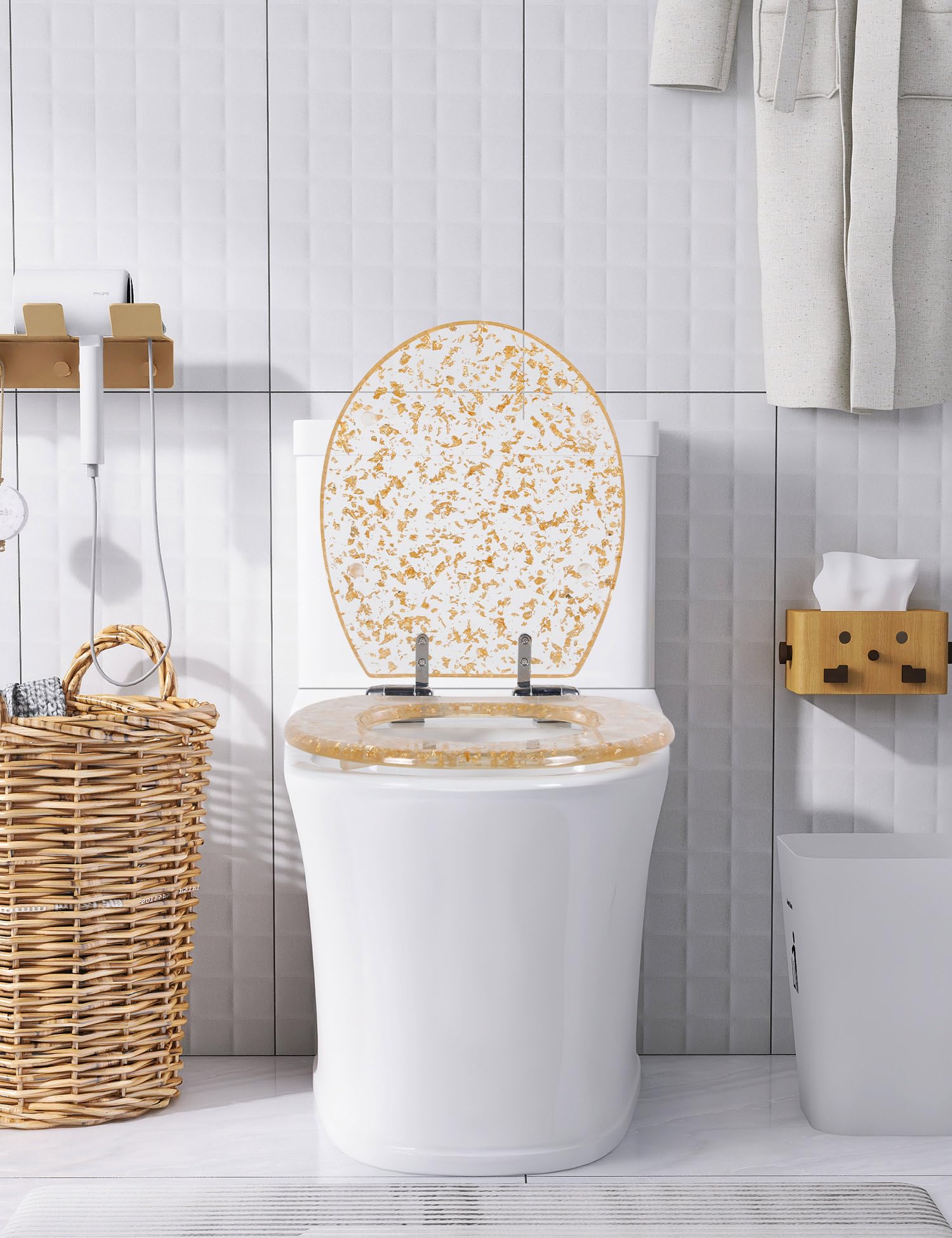 Round Resin Toilet Seat Glitter Soft Close Quick Release Metal Zinc Alloy Hinge Easy to Install also Easy to Clean, Decorative Acrylic Seats (17 Inch)