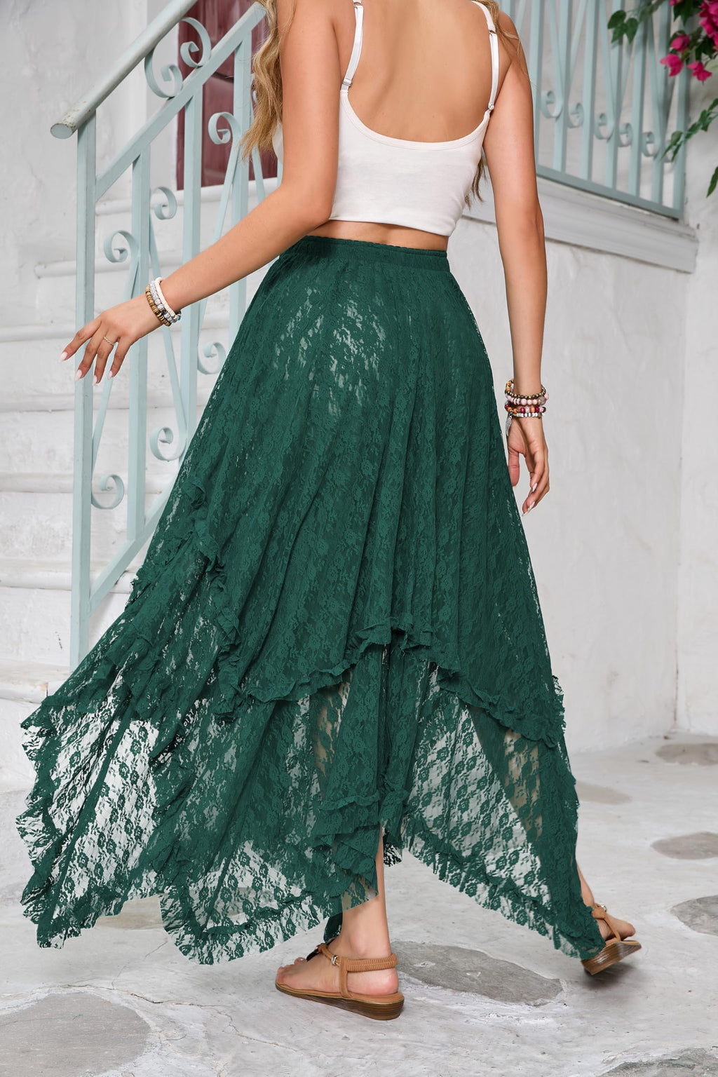 Women Lace Long Skirts Summer Elastic Asymmetrical Layered Hem Sexy See-Through Beach Floral Maxi Skirts