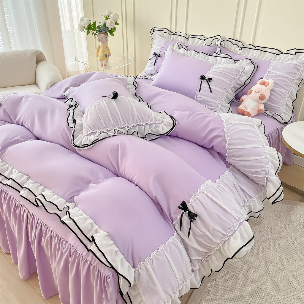 Duvet Cover Ruffle Beddding Set with Bowtie - 3 Pieces Comforter Cover Set with Zipper Closure & Pillowcase - Comforter Not Included