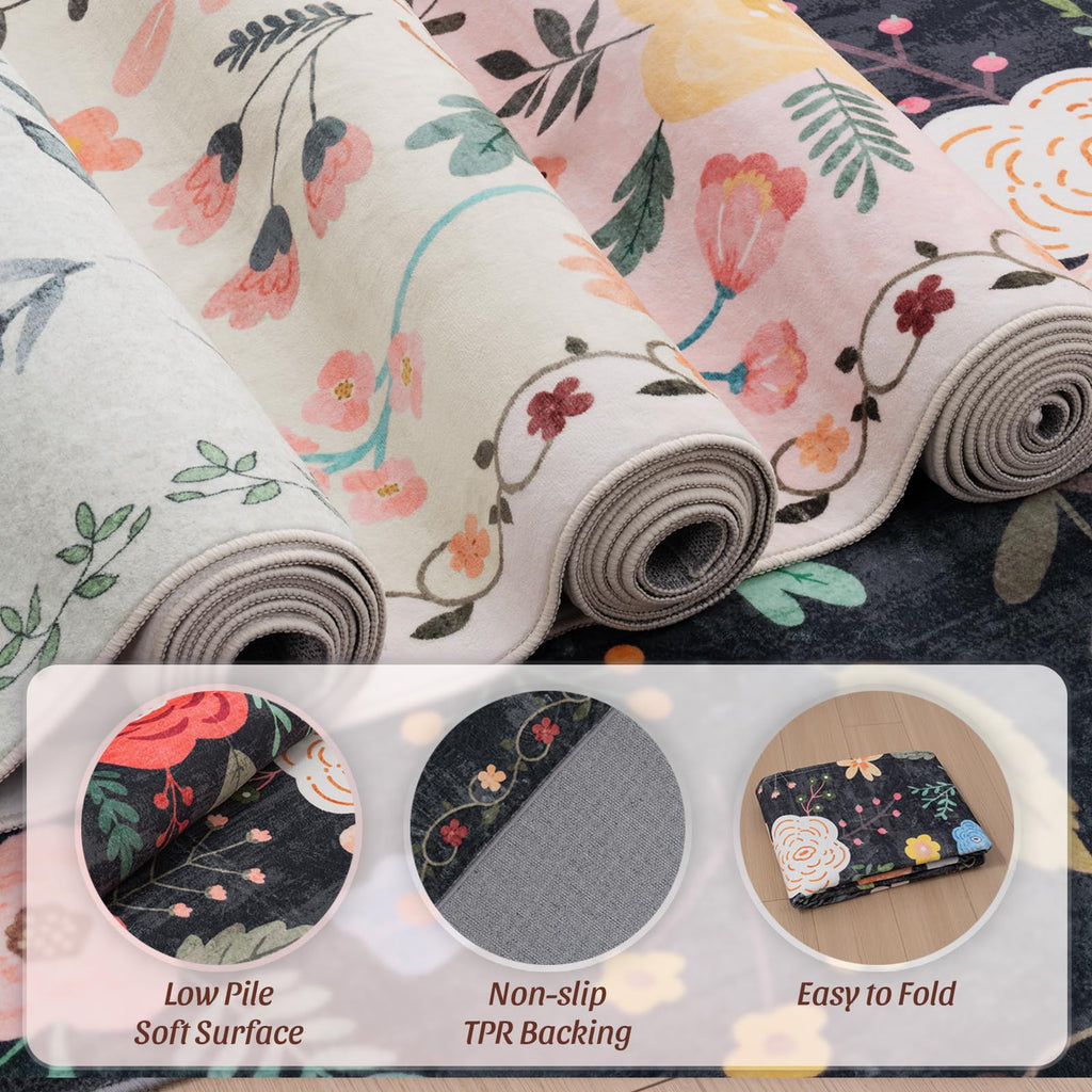 Washable Floral Rugs with Non Slip Backing, Stain Resistant, Floral Soft Low-Pile