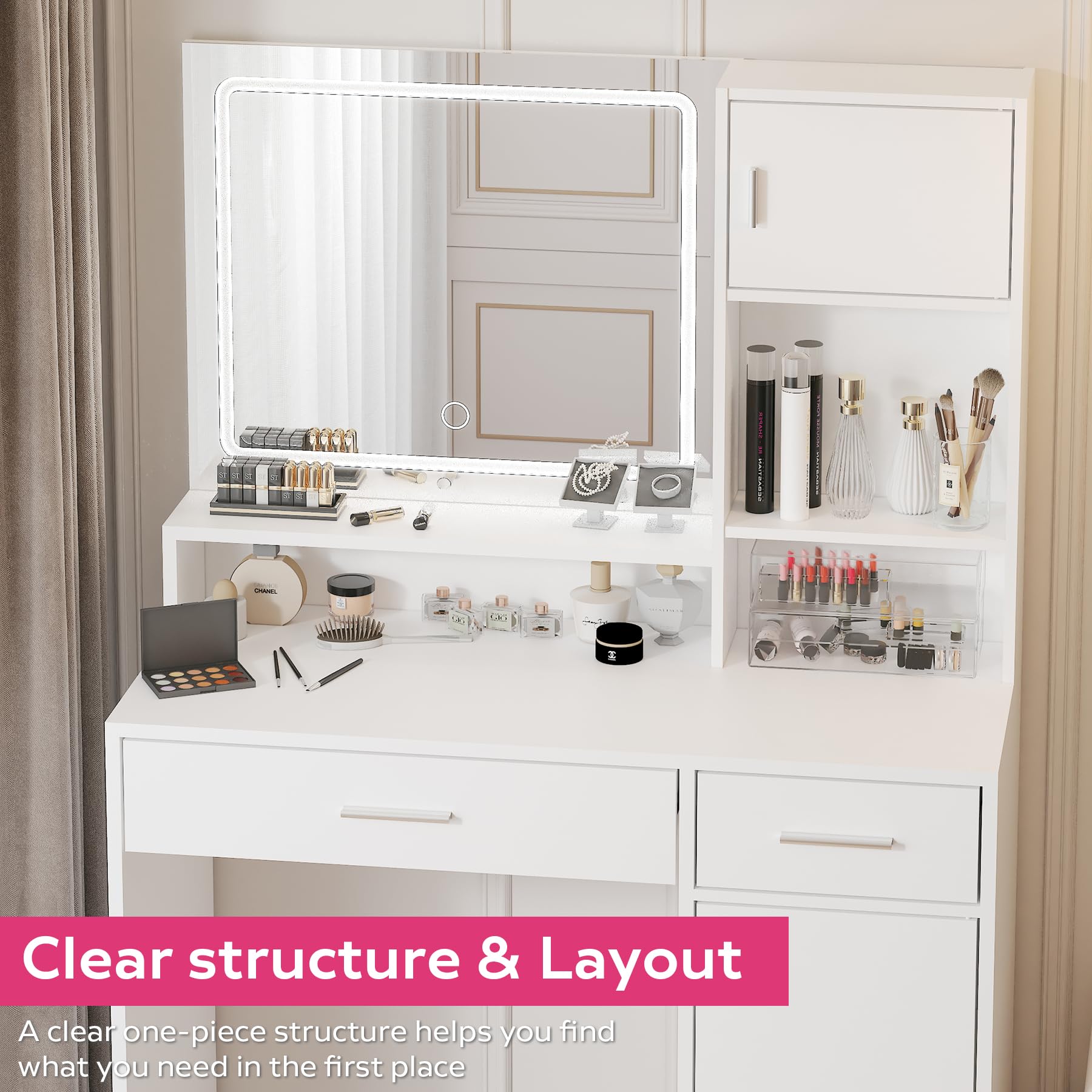 Vanity Desk with Mirror and LED Light Strip,Dressing Table with Large Drawer, 3 Level Storage Dresser & 3 Lighting Modes Adjustable Brightness