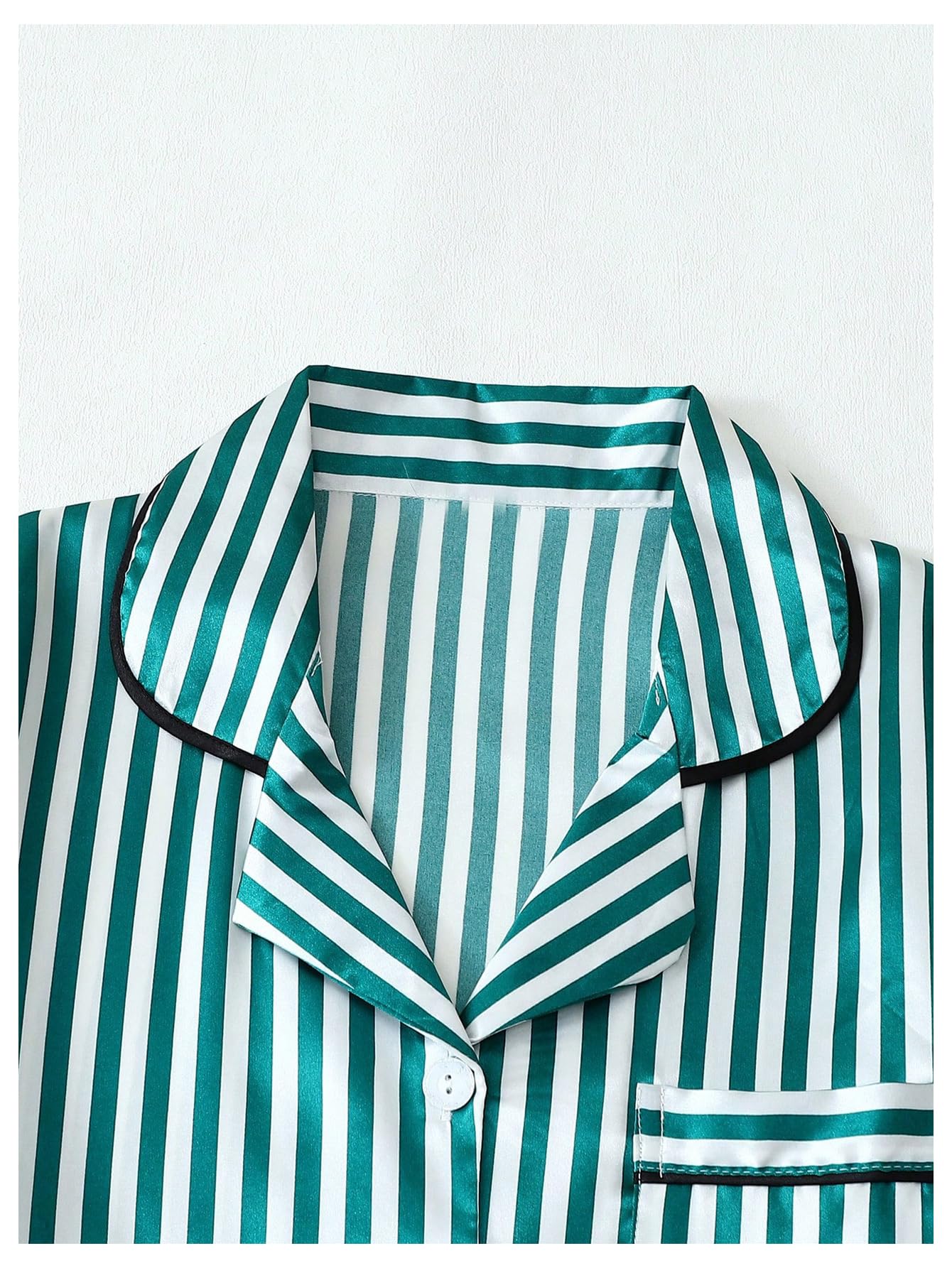 Coquette Bow Tie Women's 2 Piece Satin Striped Pajama Set Short Sleeve Button Down Top and Shorts Sleepwear