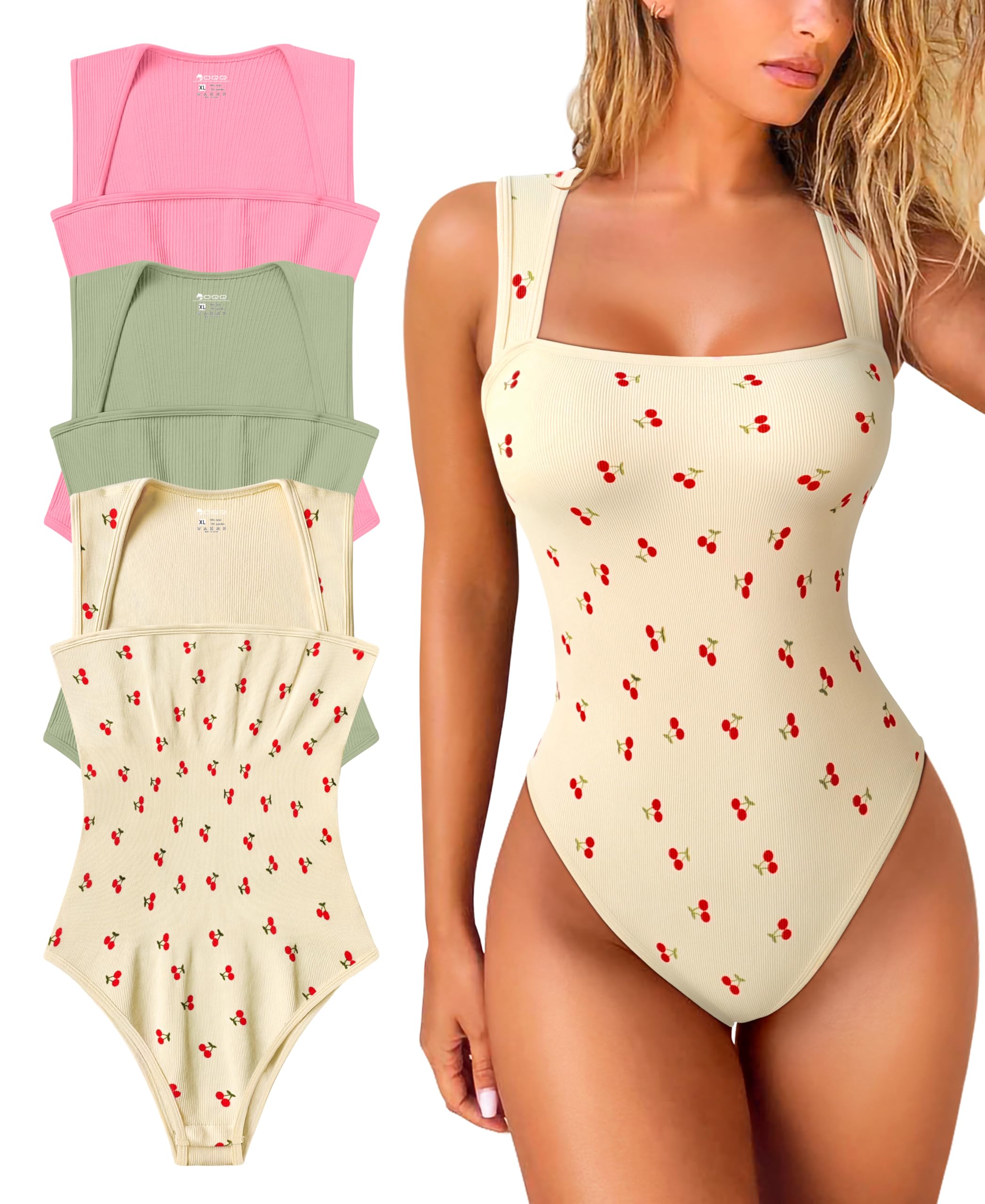 Women's 3 Piece Bodysuits Sexy Ribbed Strappy Square Neck Sleeveless Tummy Control Tank Tops Bodysuits