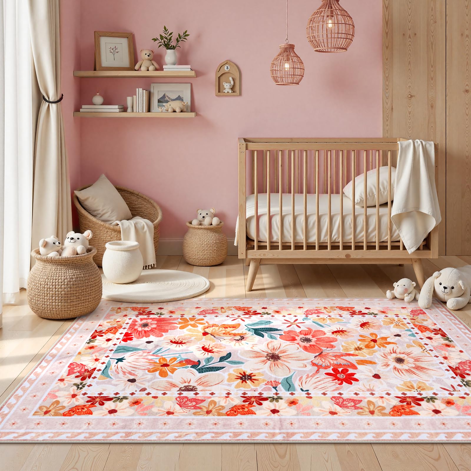 Floral Hallway Runner Rug, Runner Rugs Non Skid Washable, Low Pile Soft Boho Rugs