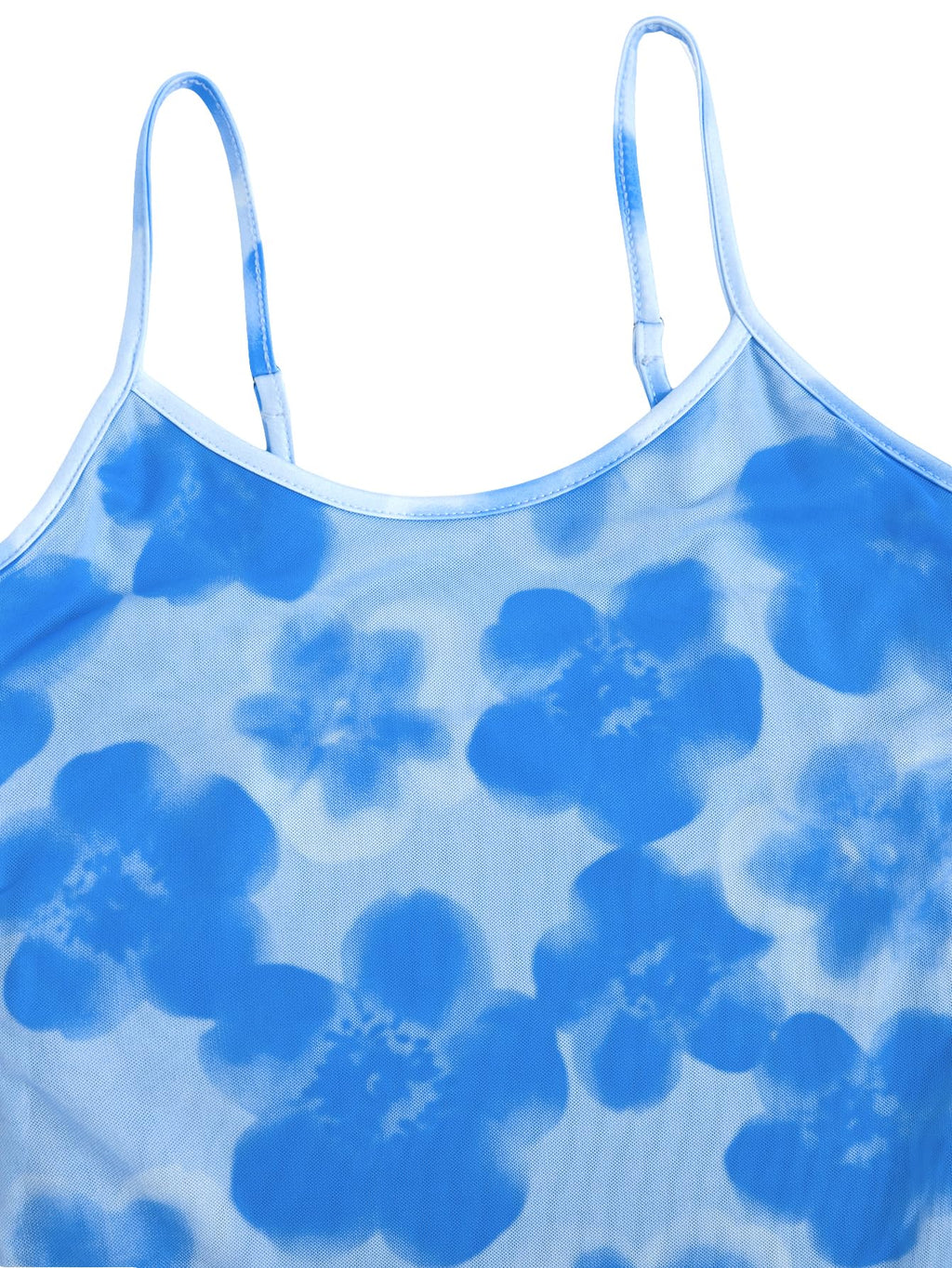 Women's Floral Mesh Mini Cami Dress Sleeveless Scoop Neck Lettuce Trim Bodycon Dress