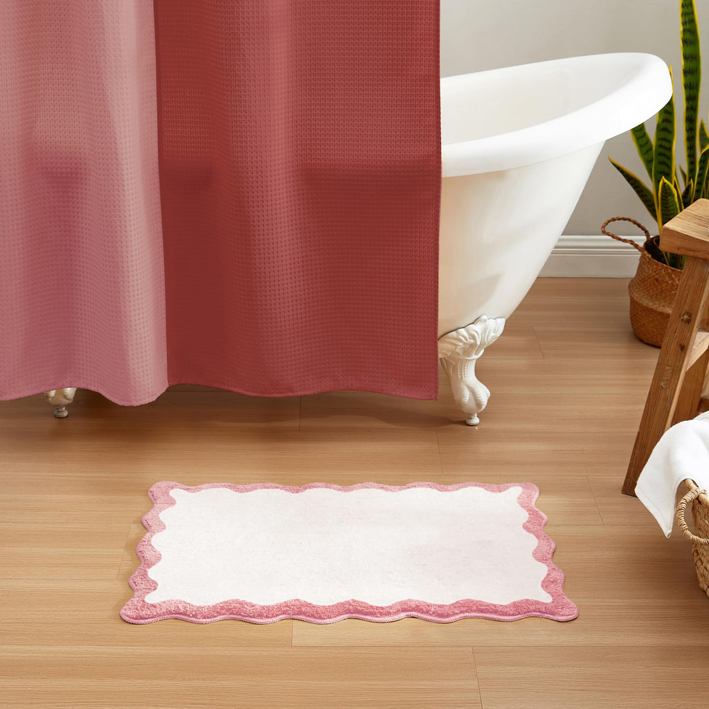 Wavy Bath Mat with Scalloped Ripple Design, Microfiber Absorbent Non Slip Tufted Rug