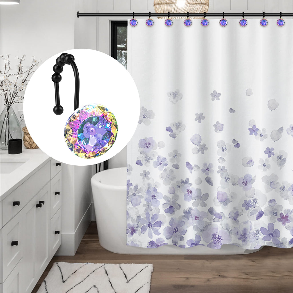 Luxury Design Round Diamond Crystal Gem Bling with Glide Balls Shower Curtain Hooks, Rust Proof Metal Rhinestones Glam Shower Curtain Rings-12 Pack