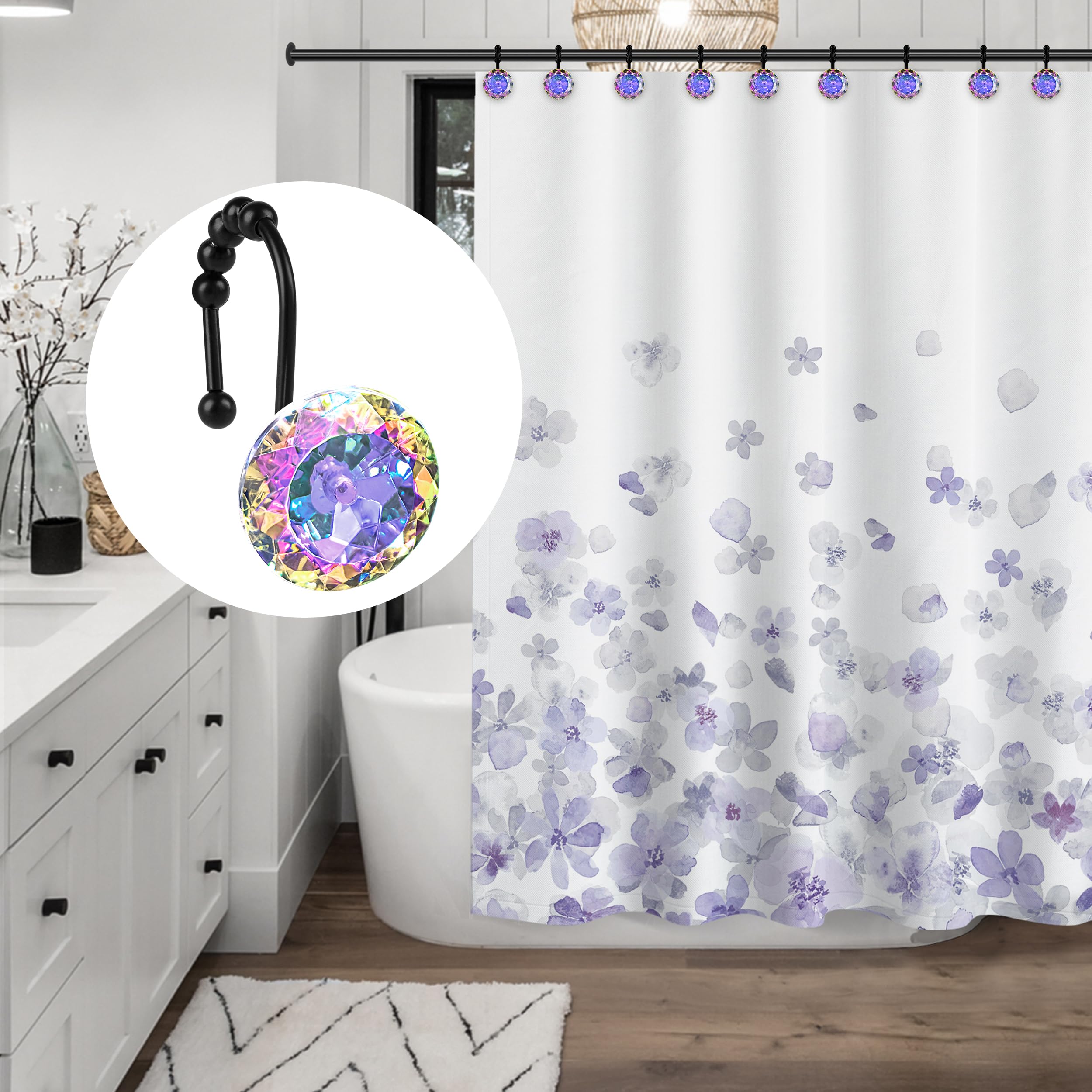 Luxury Design Round Diamond Crystal Gem Bling with Glide Balls Shower Curtain Hooks, Rust Proof Metal Rhinestones Glam Shower Curtain Rings-12 Pack