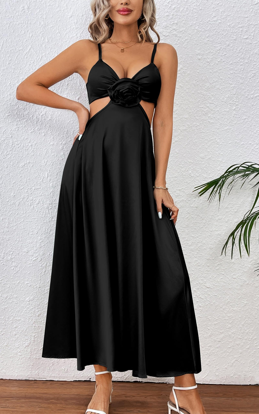 Women Satin Slip Padded Long Dress V Neck Adjustable Straps Backless Party Casual Dress 3D Flower Sundress