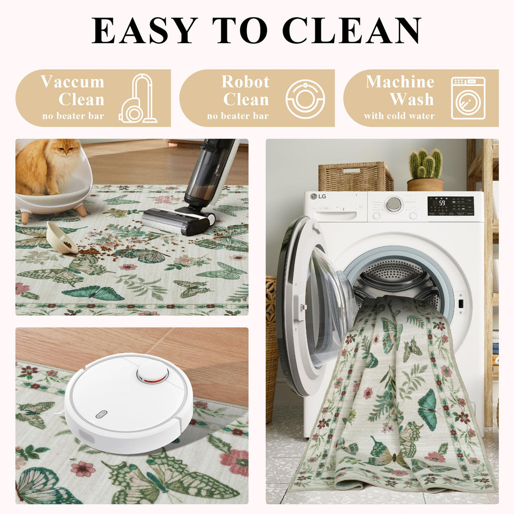 Insect Floral Area Rug, Machine Washable Area Rug Non-Slip Low Pile Large Bedroom Rug Stain Resistant Throw Rug Carpet