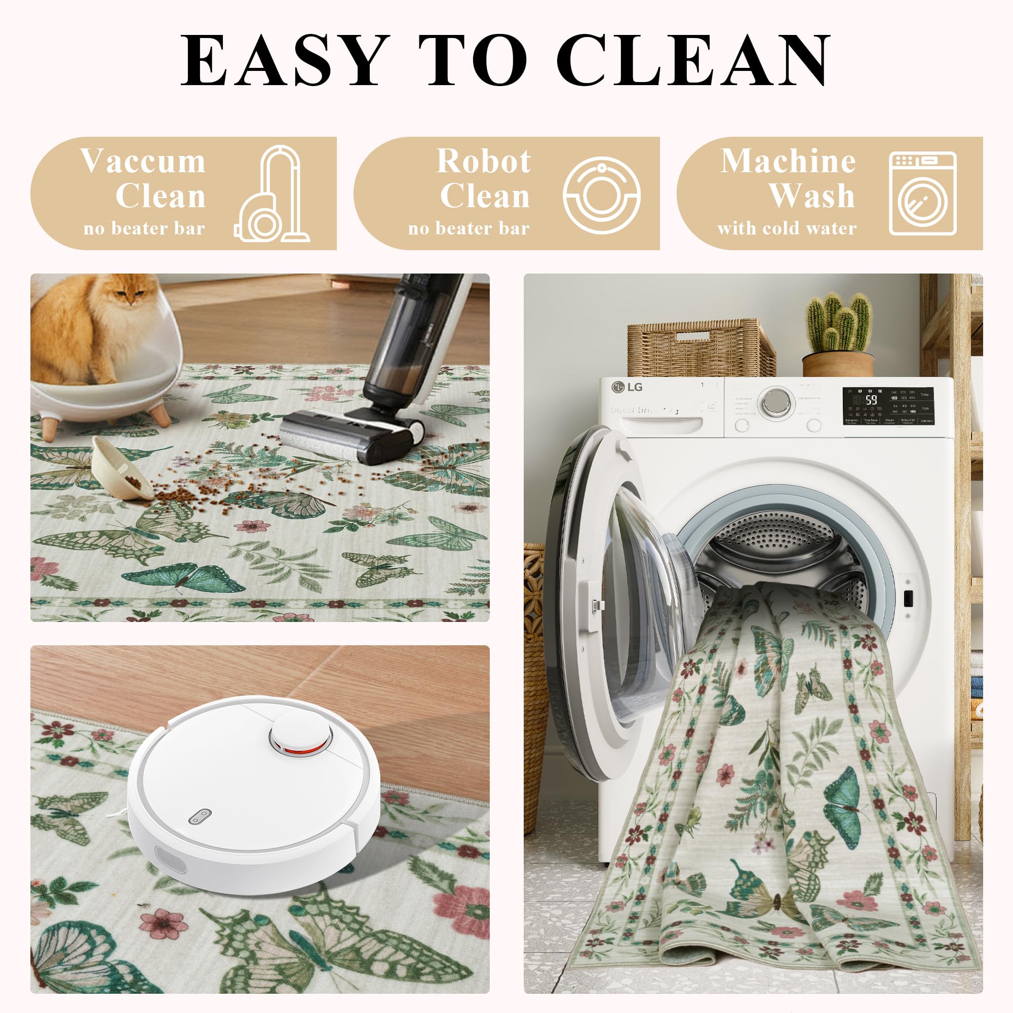 Insect Floral Area Rug, Machine Washable Area Rug Non-Slip Low Pile Large Bedroom Rug Stain Resistant Throw Rug Carpet