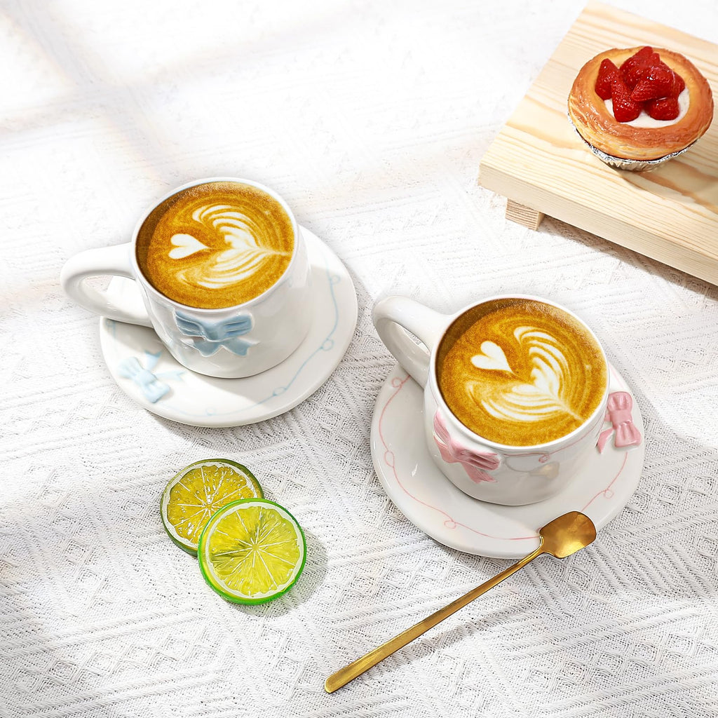 Elegant Bowknot Tea Cup and Saucer Set, Ceramic Tea Mug Set with Butterfly Bow Design, Perfect for Afternoon Tea or Home Décor