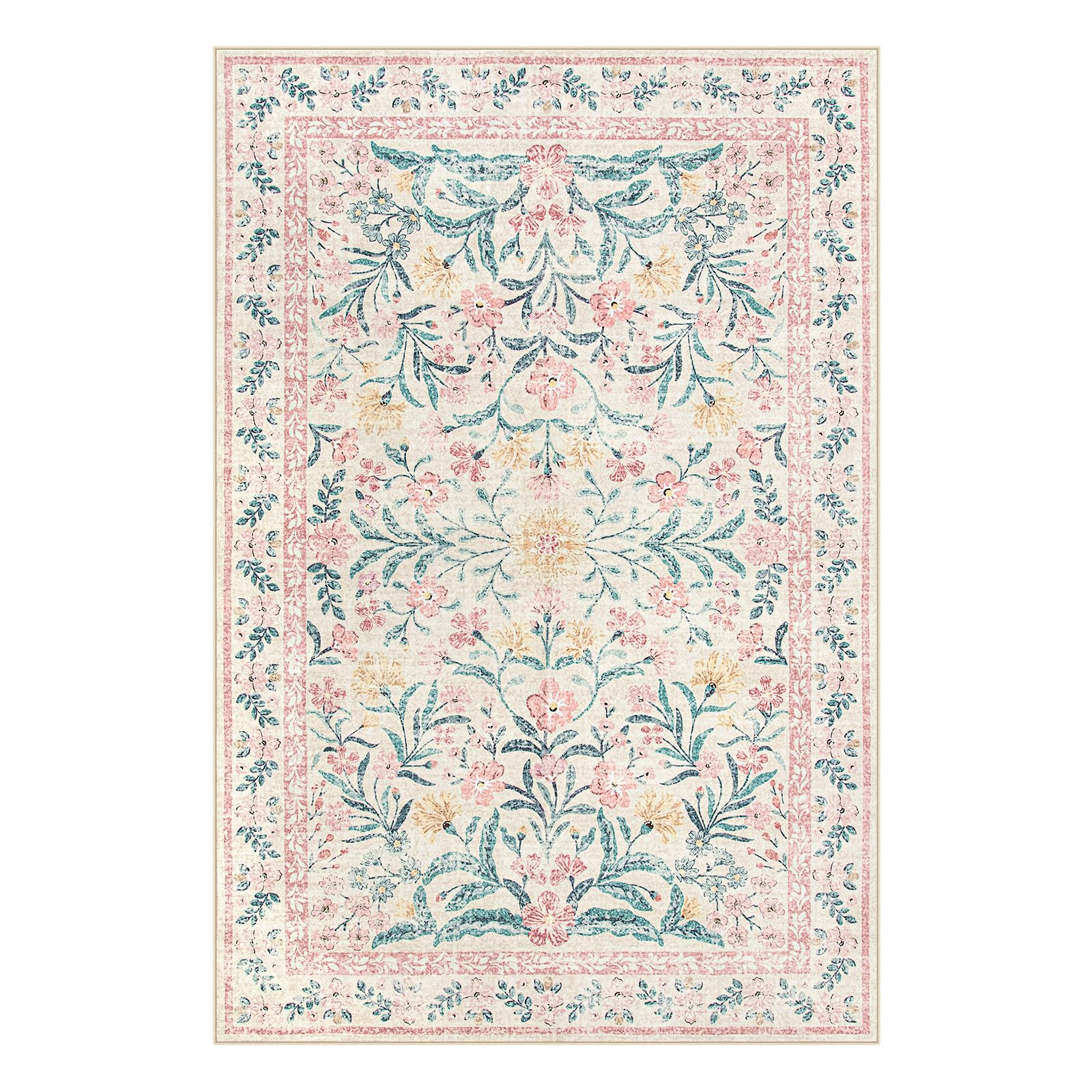 Machine Washable Boho Soft Floral Carpet Non Slip, Indoor Ultra-Thin Floor Carpet for Kid Room Living Room Dorm