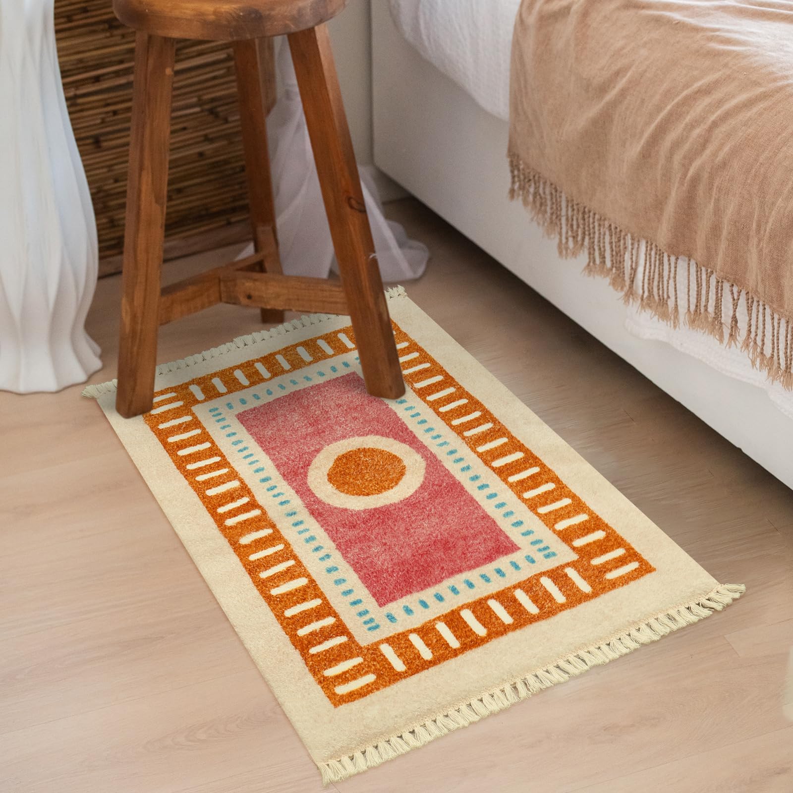 Orange Rainbow Boho Runner Rugs with Fringes, Sun Washable Hallway Runner Rug, Soft Non-Slip Area Rug