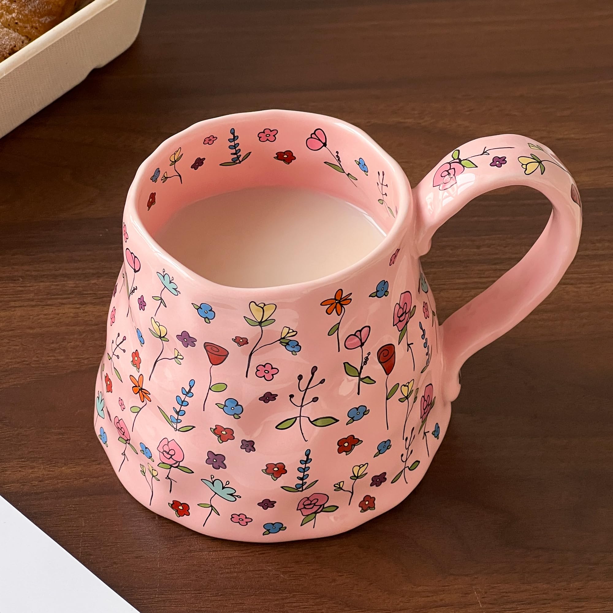 Large Ceramic Coffee Mug Pink Cute Flower with Handmade Big Handle, 20oz Girly Floral Tea Cup, Novelty Irregular Oversized Mugs