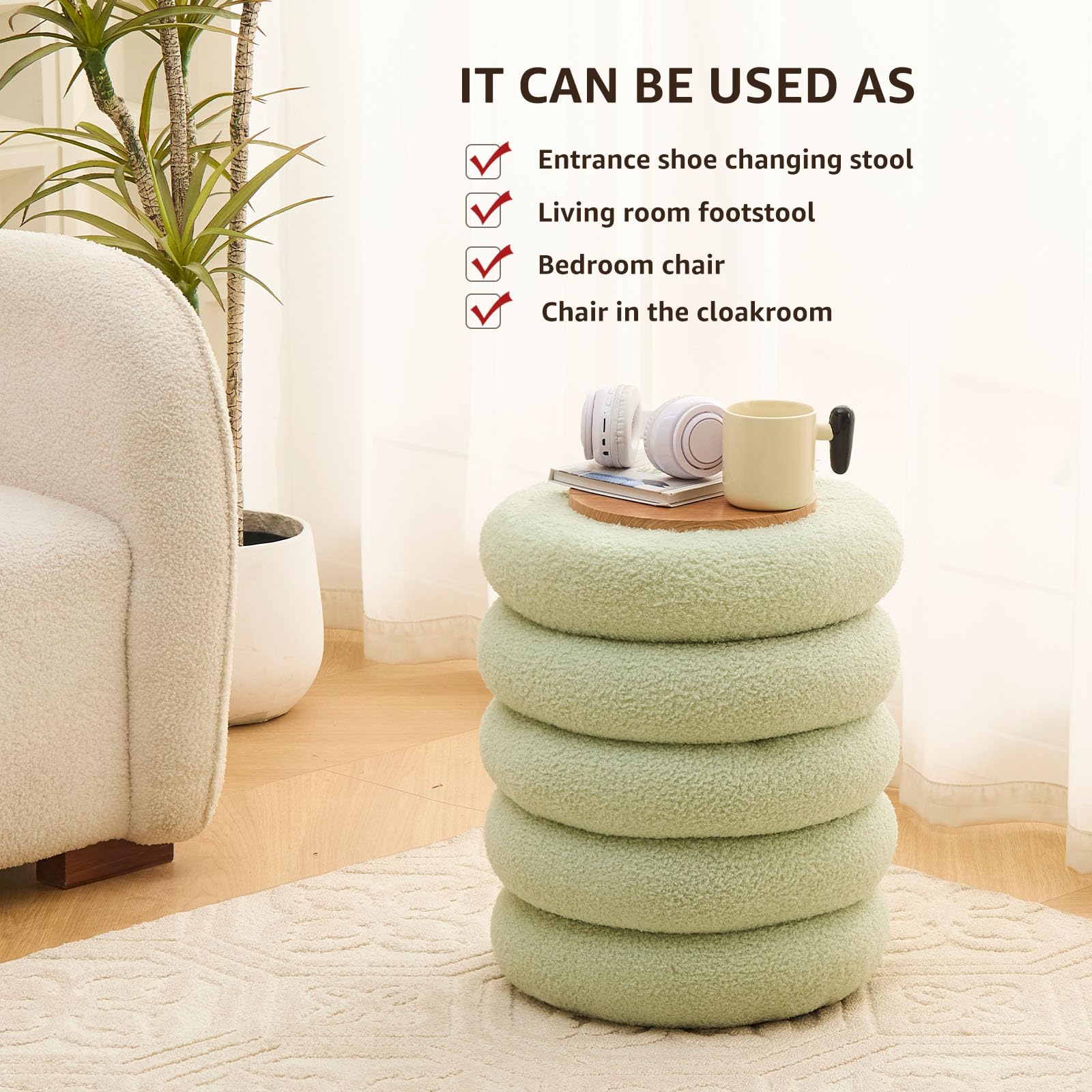 Round Storage Ottoman, Modern Sherpa Footstool with Flip-Top