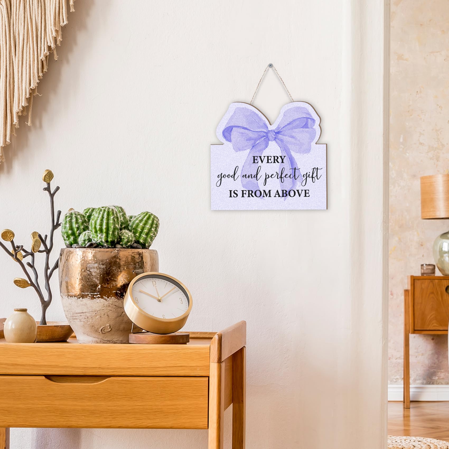 Preppy Pink Bow Front Porch Door Decor, Scripture Wall Hanging Decor - Every Good and Perfect is from Above, 12x12 Inch