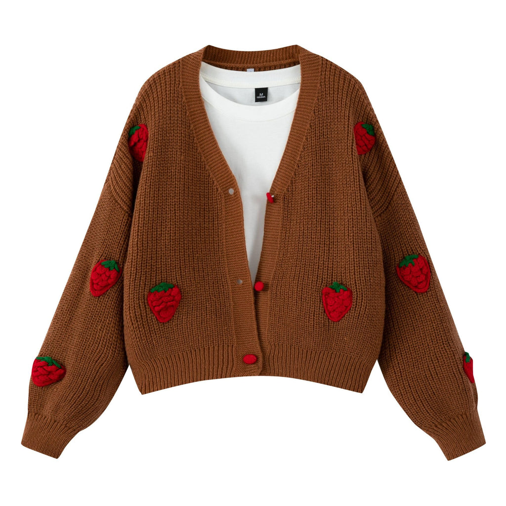 Women's Kawaii Strawberry Embroidered Cardigan Long Sleeve V Neck Chunky Knitted Cardigans