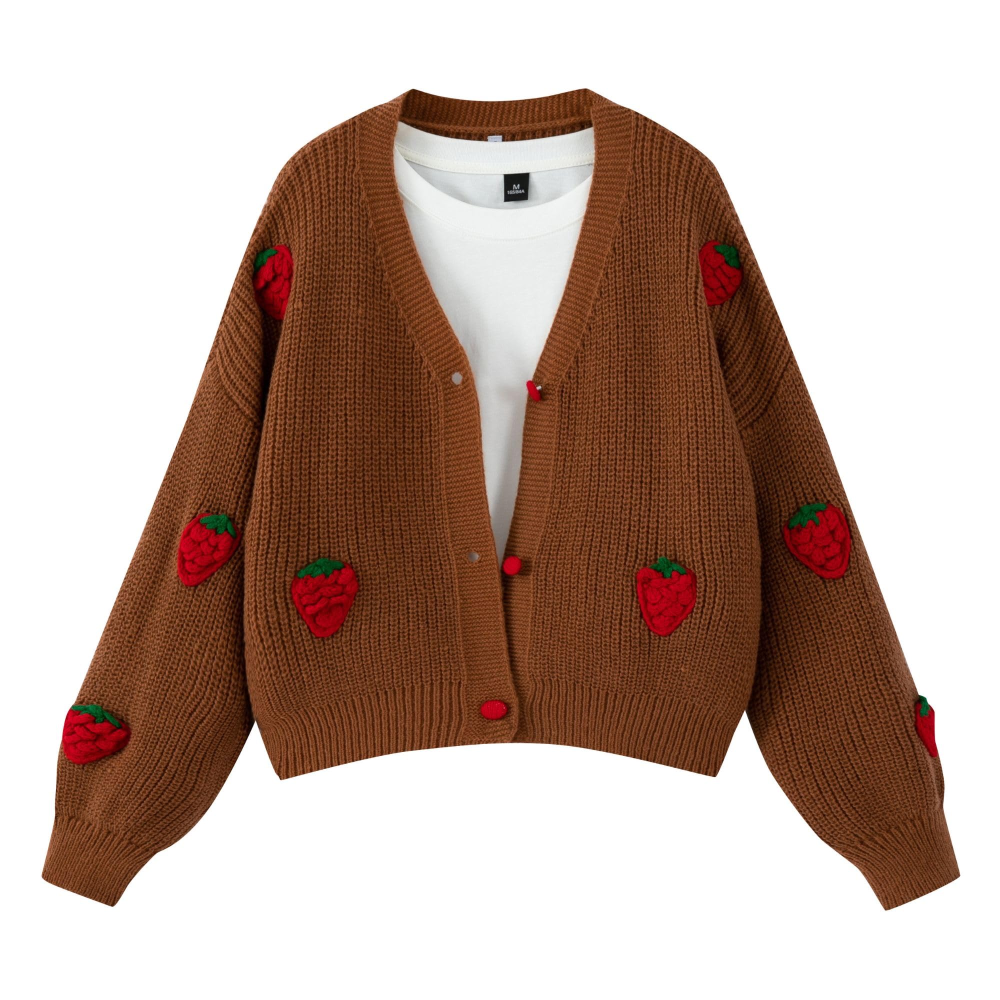 Women's Kawaii Strawberry Embroidered Cardigan Long Sleeve V Neck Chunky Knitted Cardigans