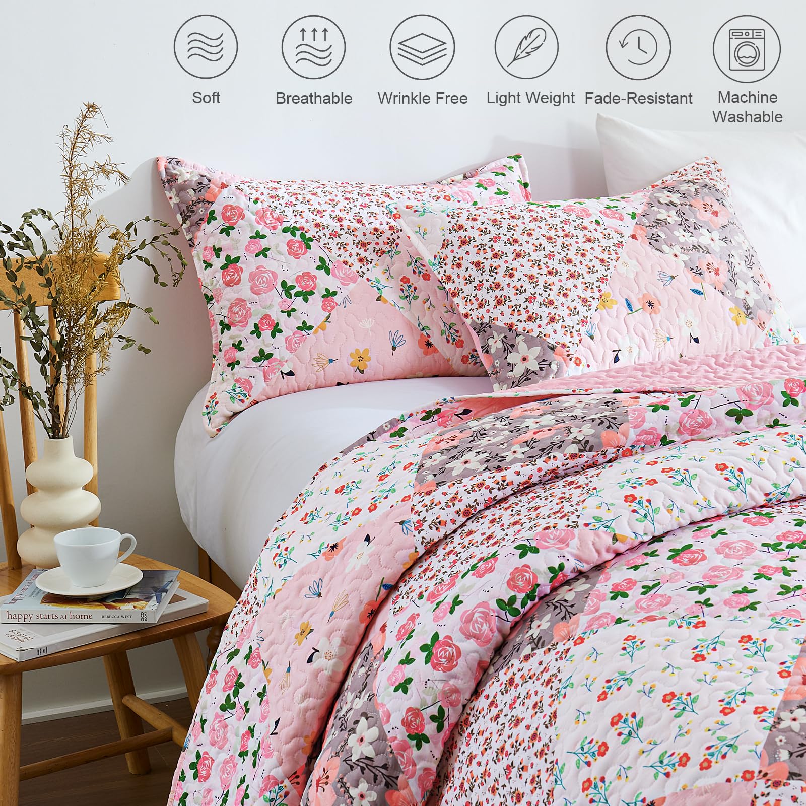 Reversible Patchwork Quilts Full Size, Lightweight Boho Printed Bedspreads Coverlets Quilt Bedding Set with 2 Pillow Shams