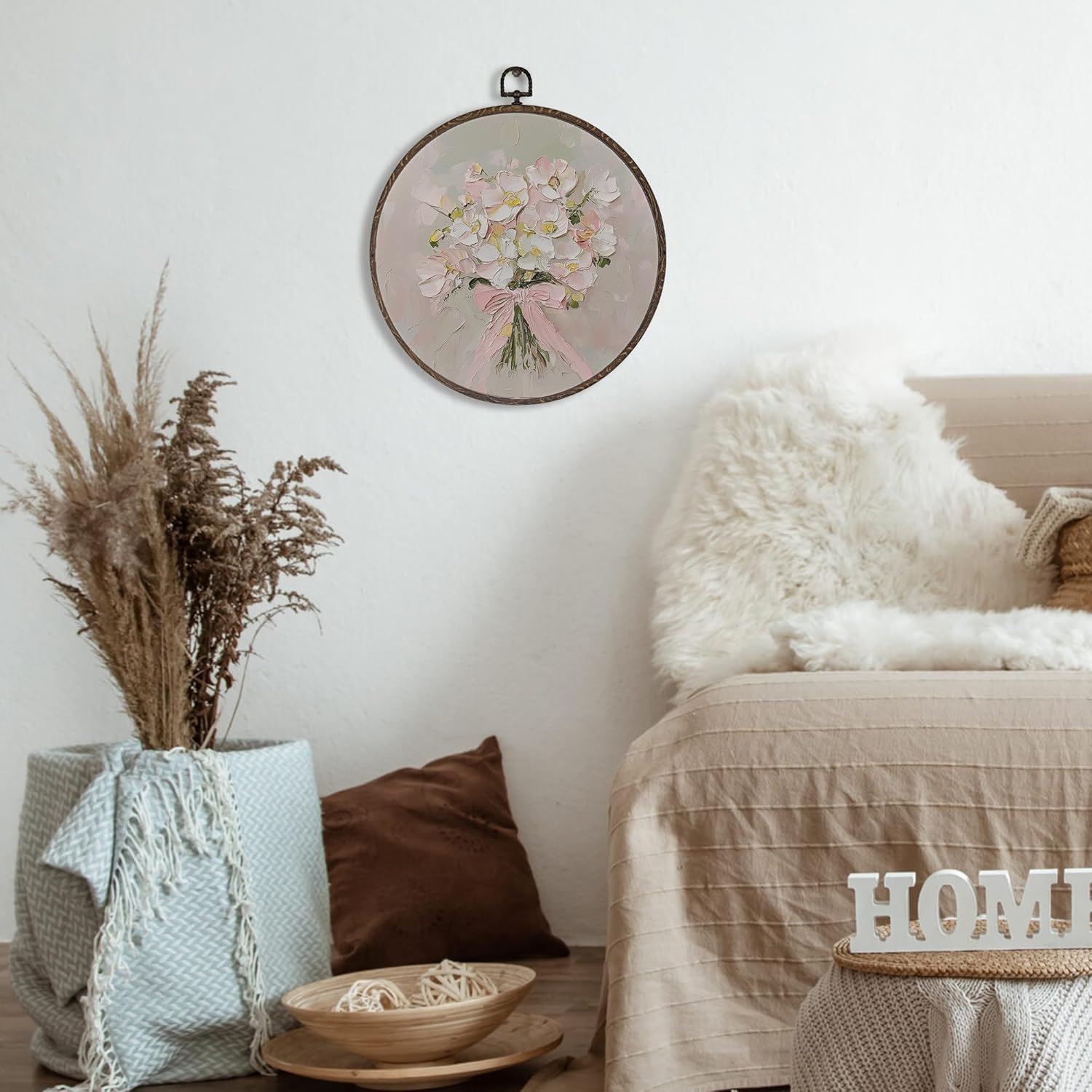 Vintage Coquette Floral Round Framed Wall Art Decor, Pink Coquette Bow Flower Girls Hanging Wall Art Pictures Paintings, 10x10 Inches