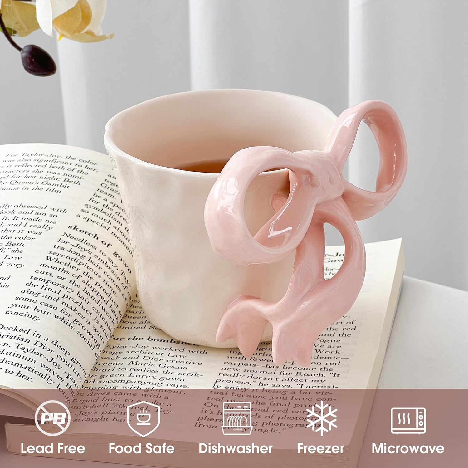 Ceramic Mug with Pink Bow Handle - Cute Girly Cup for 14oz/440ml, Handmade Kawaii Mug