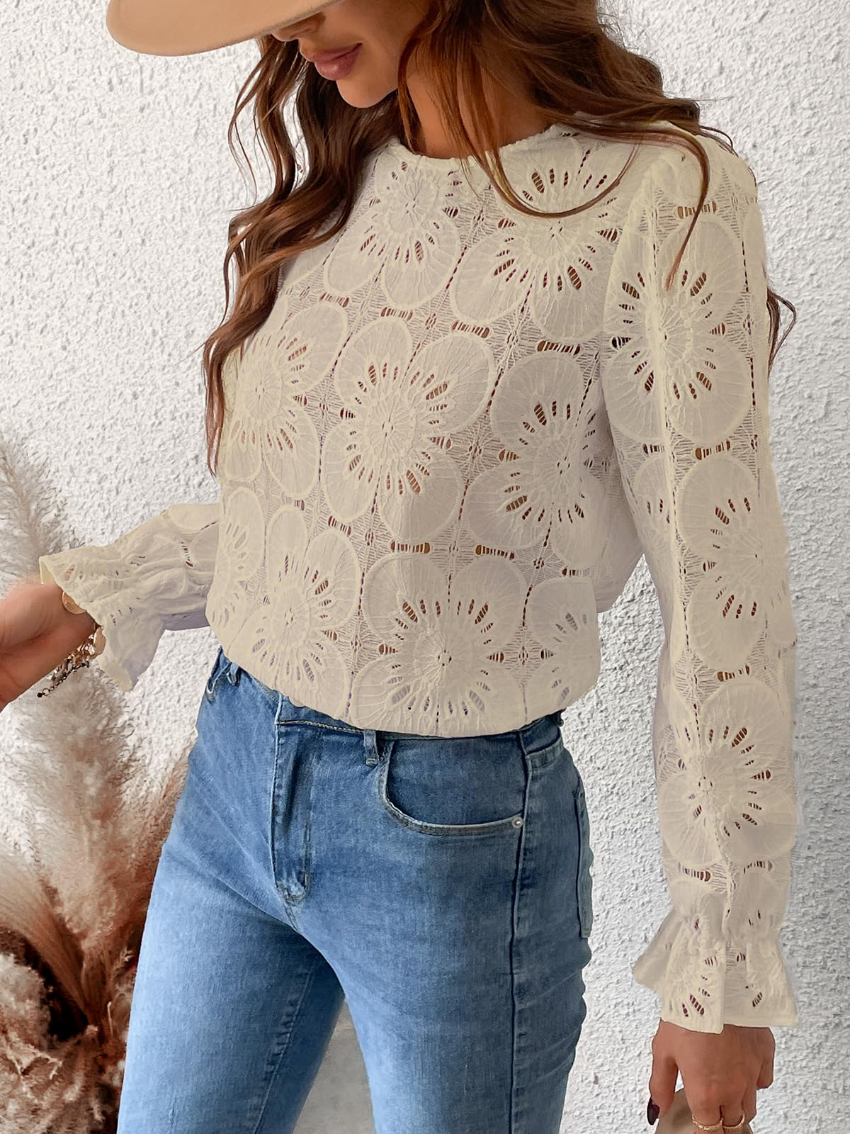 Women Eyelet Long Sleeve - Dressy Hollow Out Crochet Lace Embroidered Blouse