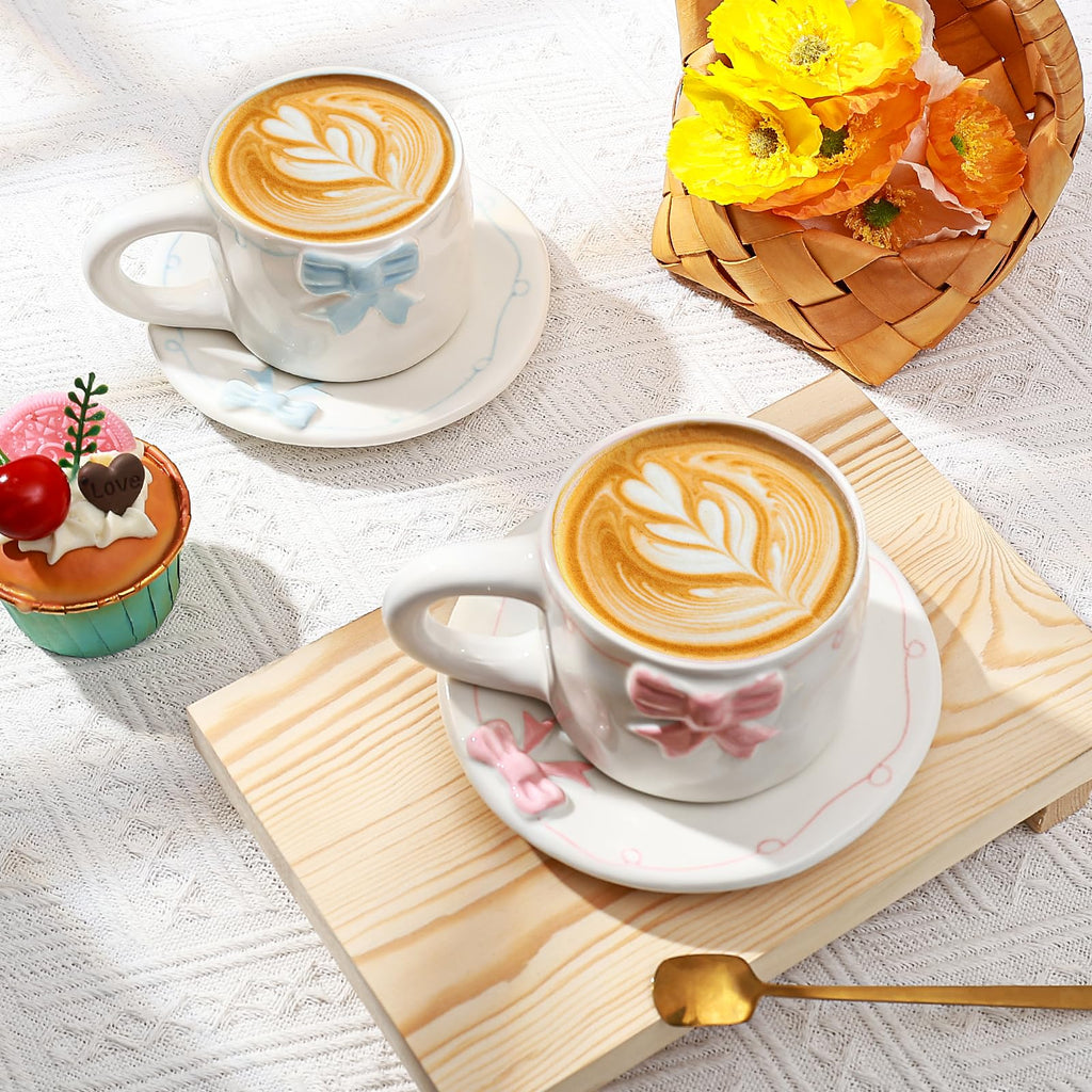 Elegant Bowknot Tea Cup and Saucer Set, Ceramic Tea Mug Set with Butterfly Bow Design, Perfect for Afternoon Tea or Home Décor