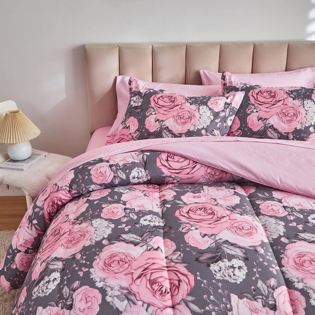 Flower Comforter Sheet Set White Bed in a Bag 7 Pieces Size Pink Floral Microfiber Bedding Set (1 Comforter 2 Pillow Shams 1 Flat Sheet 1 Fitted Sheet 2 Pillowcases)