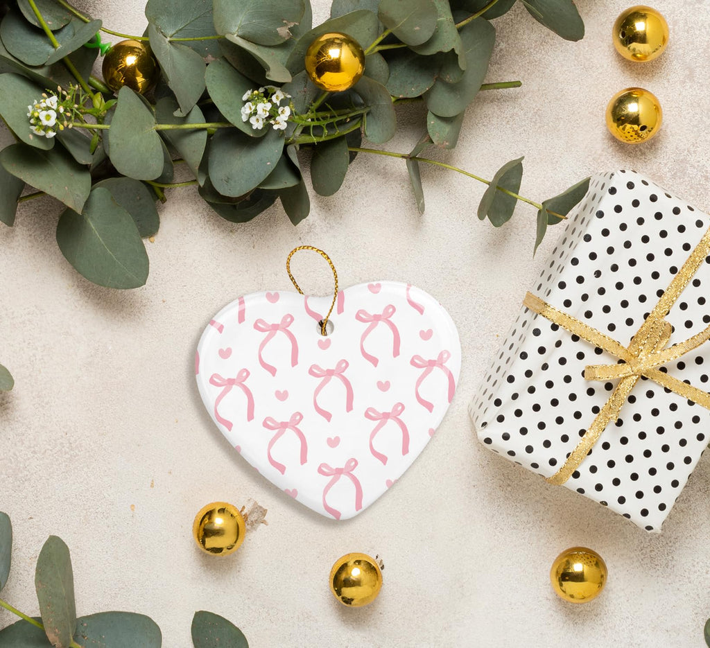 Coquette Trendy Pink Bow Ornament, Keepsake Sign for Decoration, Ceramic Heart