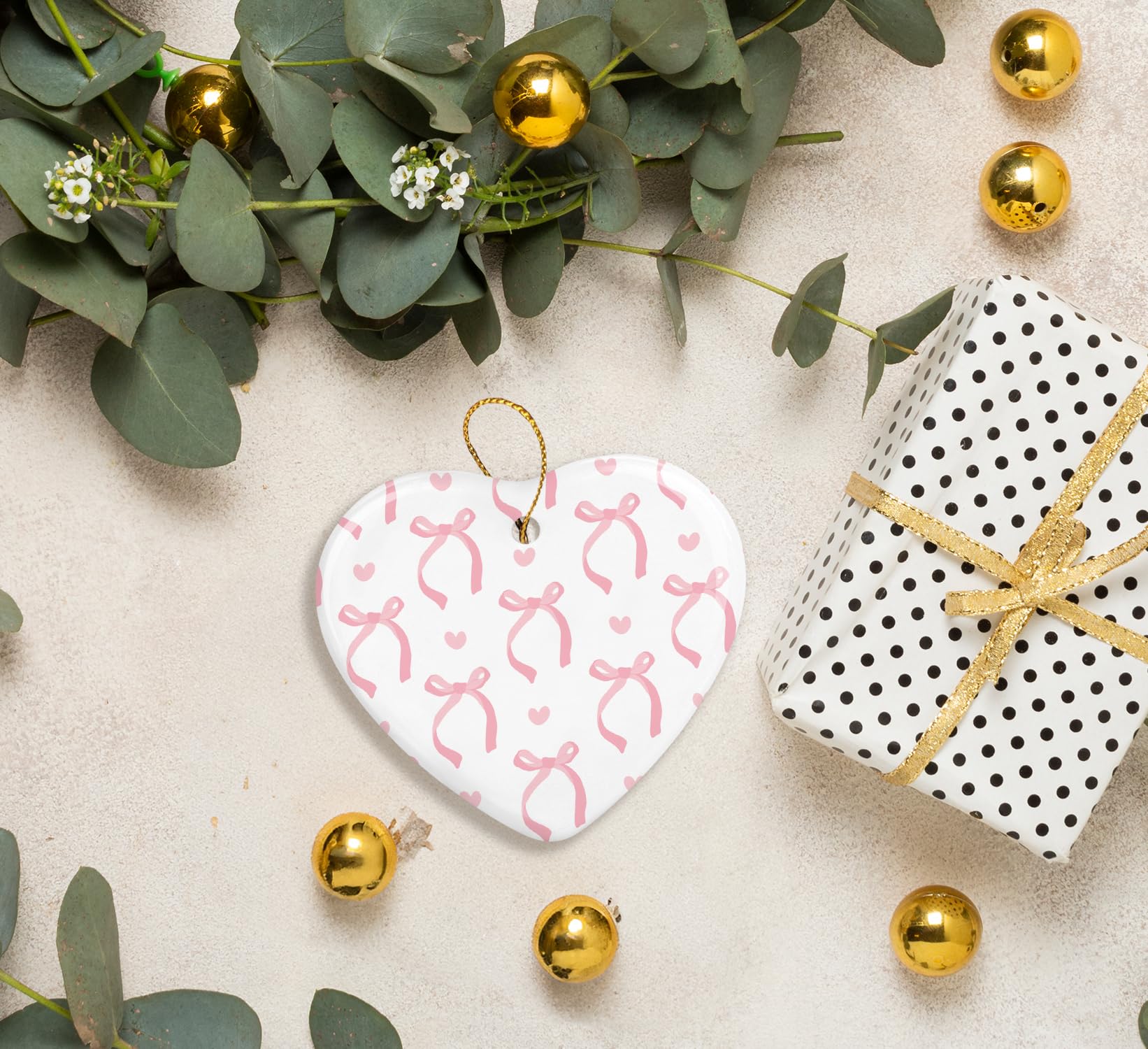 Coquette Trendy Pink Bow Ornament, Keepsake Sign for Decoration, Ceramic Heart